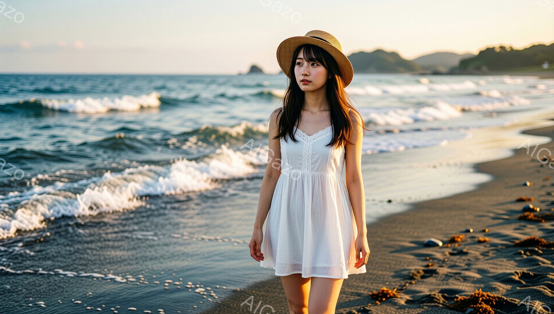 白いワンピースを着た若い女性が、砂浜を歩いている。麦わら帽子を被り、少し微笑んだ表情で、海の方を見つめている。背景には穏やかな波が打ち寄せ、遠くには山々が見え、夕焼け空が広がり、全体的に穏やかで美しい雰囲気が漂っている。