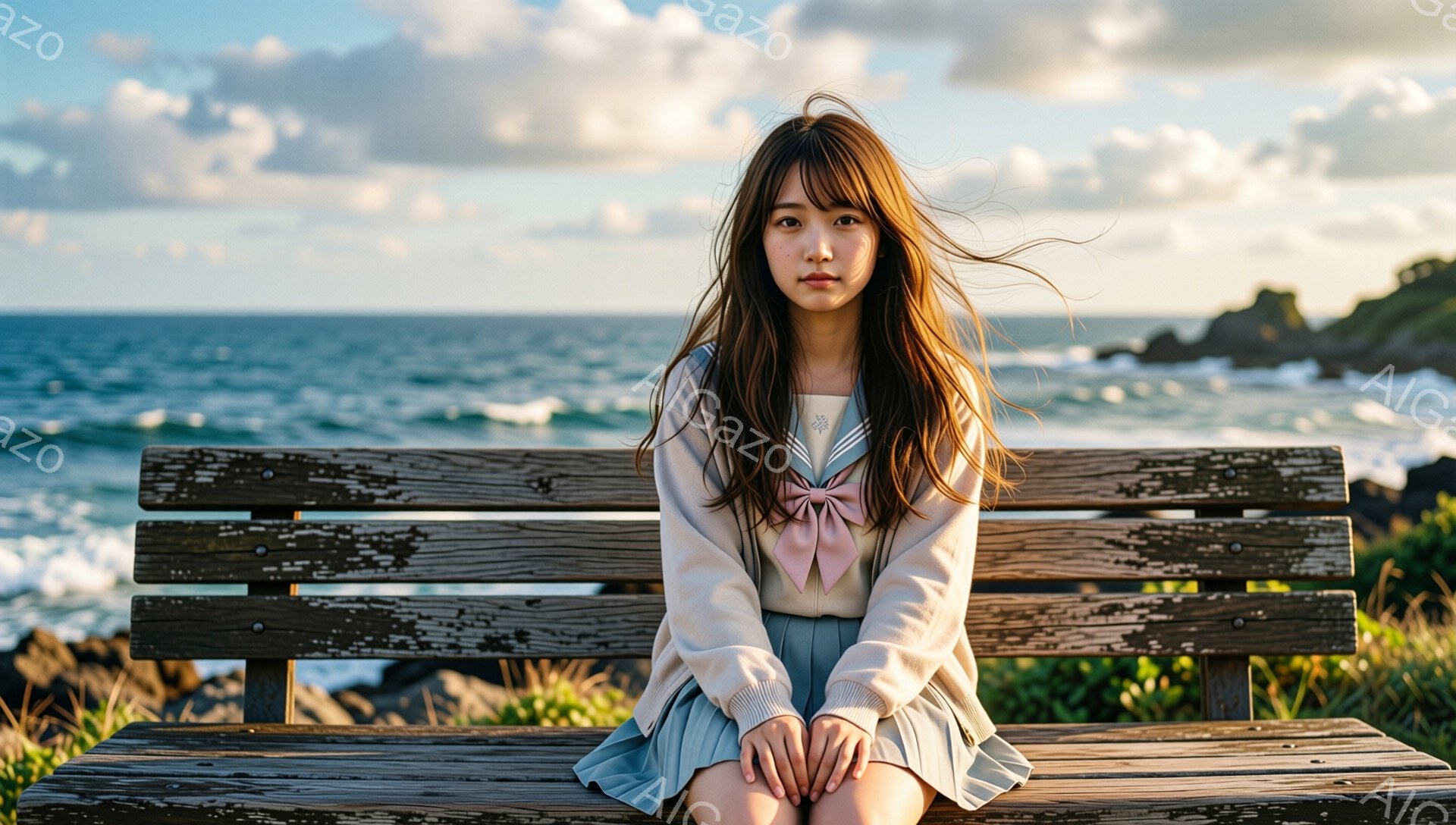 長い茶色の髪を風になびかせ、白いセーターと水色のプリーツスカートを着た若い女性が、古びた木製のベンチに座っています。彼女は少し憂いを帯びた表情で前を見つめており、両膝を揃えて姿勢良く座っています。背景には青い海と岩場が広がり、空は穏やかな雲に覆われ、静かで寂しげな雰囲気を醸し出しています。