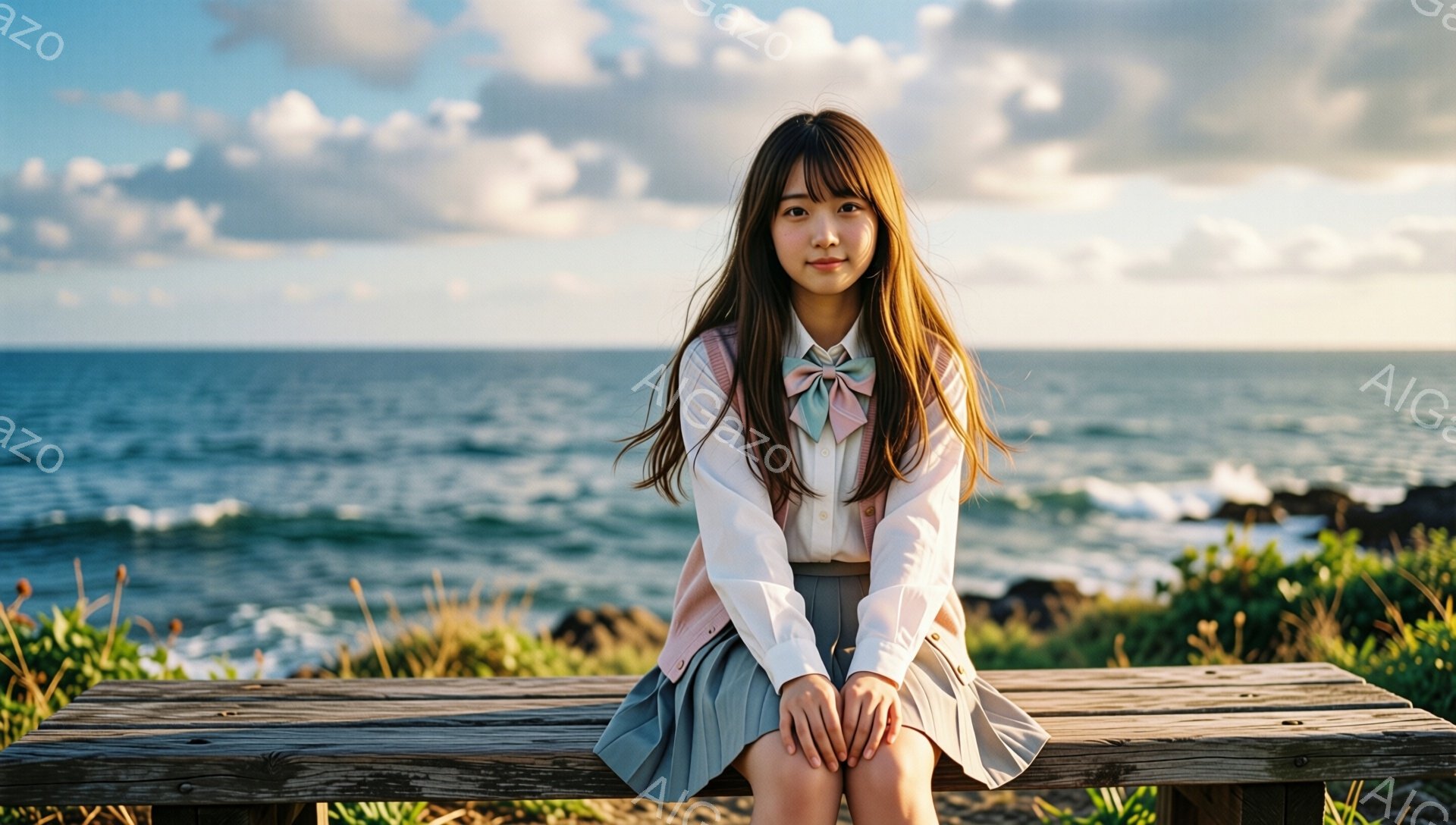 長い茶色の髪を肩にかける女性が、木製のベンチに座っています。彼女は白いシャツとピンクのベスト、グレーのプリーツスカートを身に着け、膝を揃えて少し緊張した表情をしています。背景には青い海と岩場、緑の草むらがあり、空には雲が広がっています。