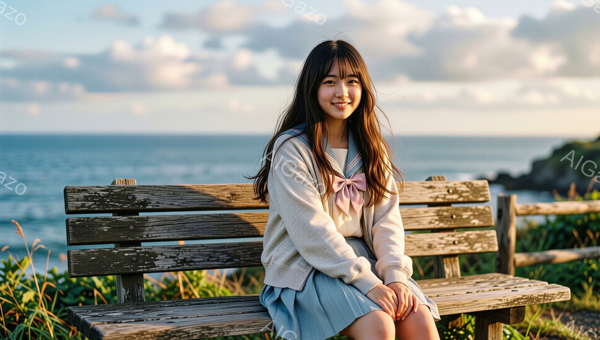 長い茶色の髪を肩にかかった状態で座っている若い女性が写っています。彼女はクリーム色のセーターと水色のスカートを着ており、顔には穏やかな笑顔が浮かんでいます。背景には青い海と緑の草地が広がり、穏やかで平 - AI生成フリー素材