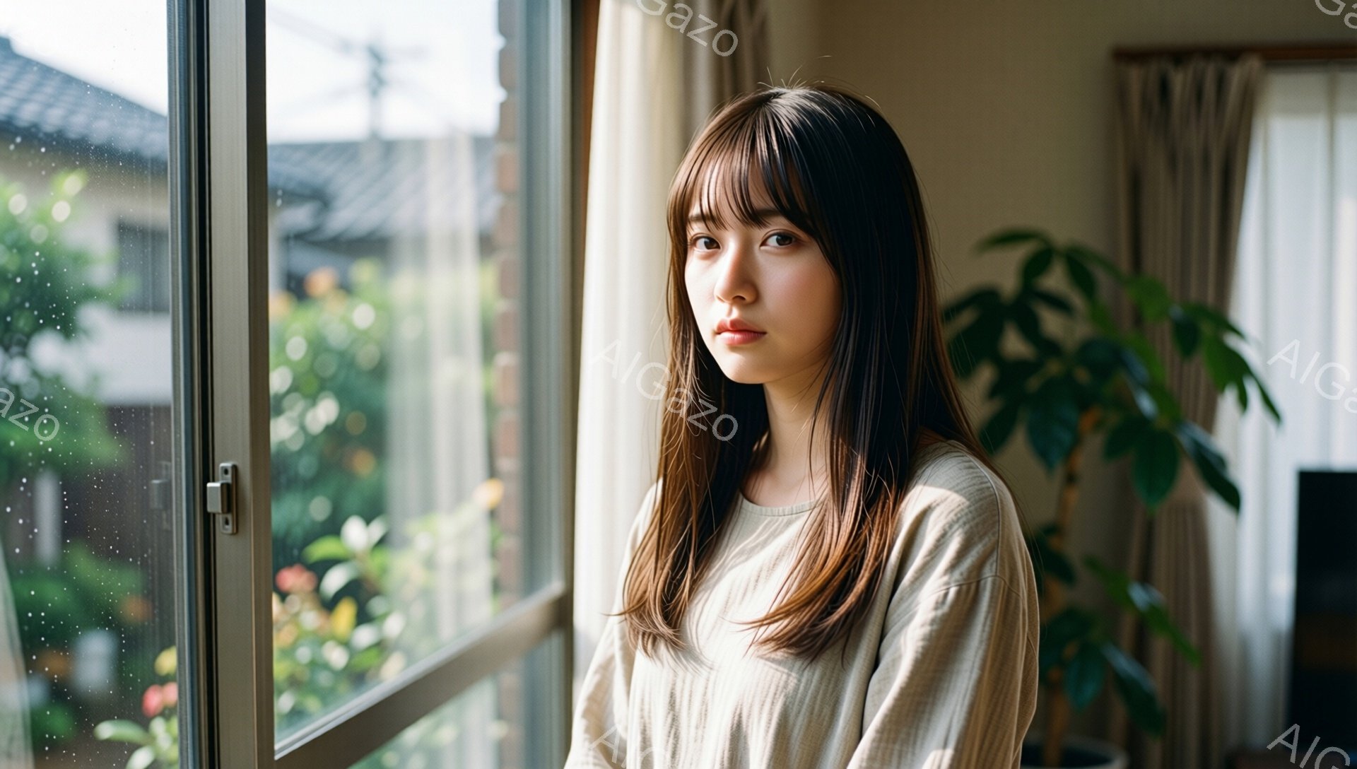 長い茶色の髪で、前髪は眉毛にかかるようにカットされた若い女性が写っています。彼女は薄いベージュ色のセーターを着ており、少し憂いを帯びた表情で、窓の外を見つめています。背景には住宅地と緑豊かな植物が見え、雨が降っているようで、室内は柔らかい光に包まれています。