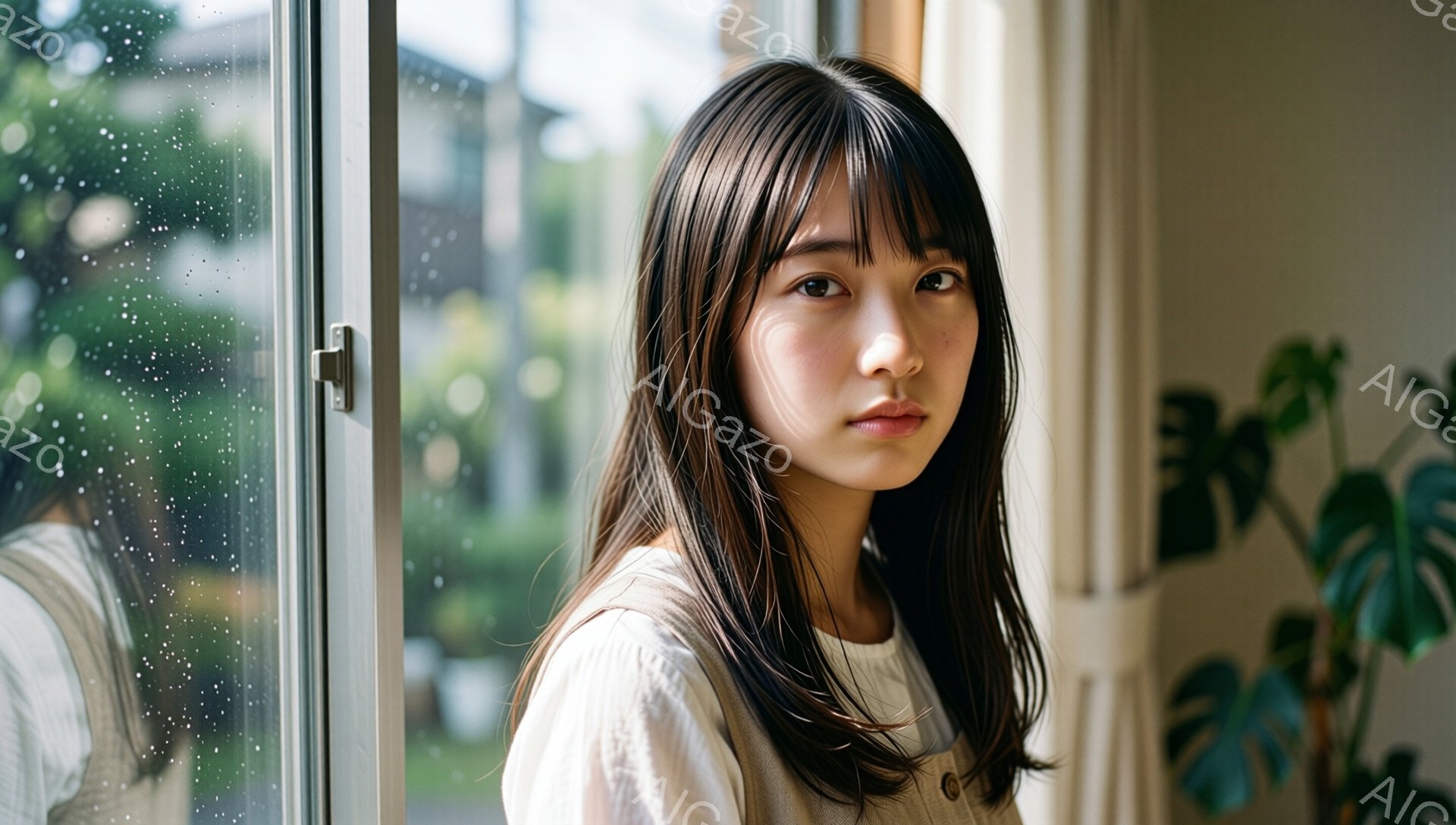 長いダークブラウンの髪は肩にかかり、前髪は眉毛にかかるように流されています。彼女はオフホワイトのボタンダウンシャツを着ており、わずかに微笑んでいます。背景には雨の日の窓の外にぼやけた建物と緑の植物が見え、全体的に穏やかで内省的な雰囲気が漂っています。