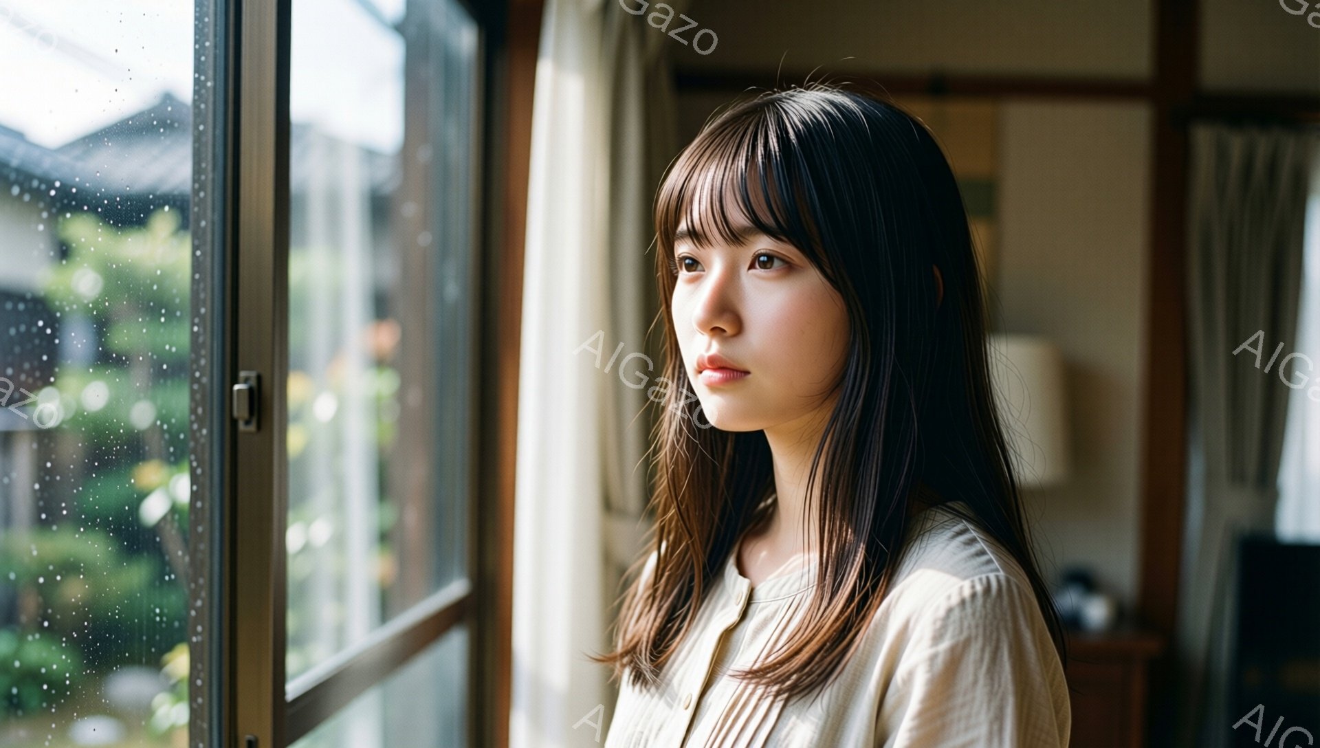 長い黒髪で、前髪が目の上にかかる女性が窓の外を見つめている。ベージュ色のゆったりとしたブラウスを着ており、物憂げな表情をしている。窓の外は雨が降り、日本の伝統的な建物が見え、全体的に静かで穏やかな雰囲気を醸し出している。