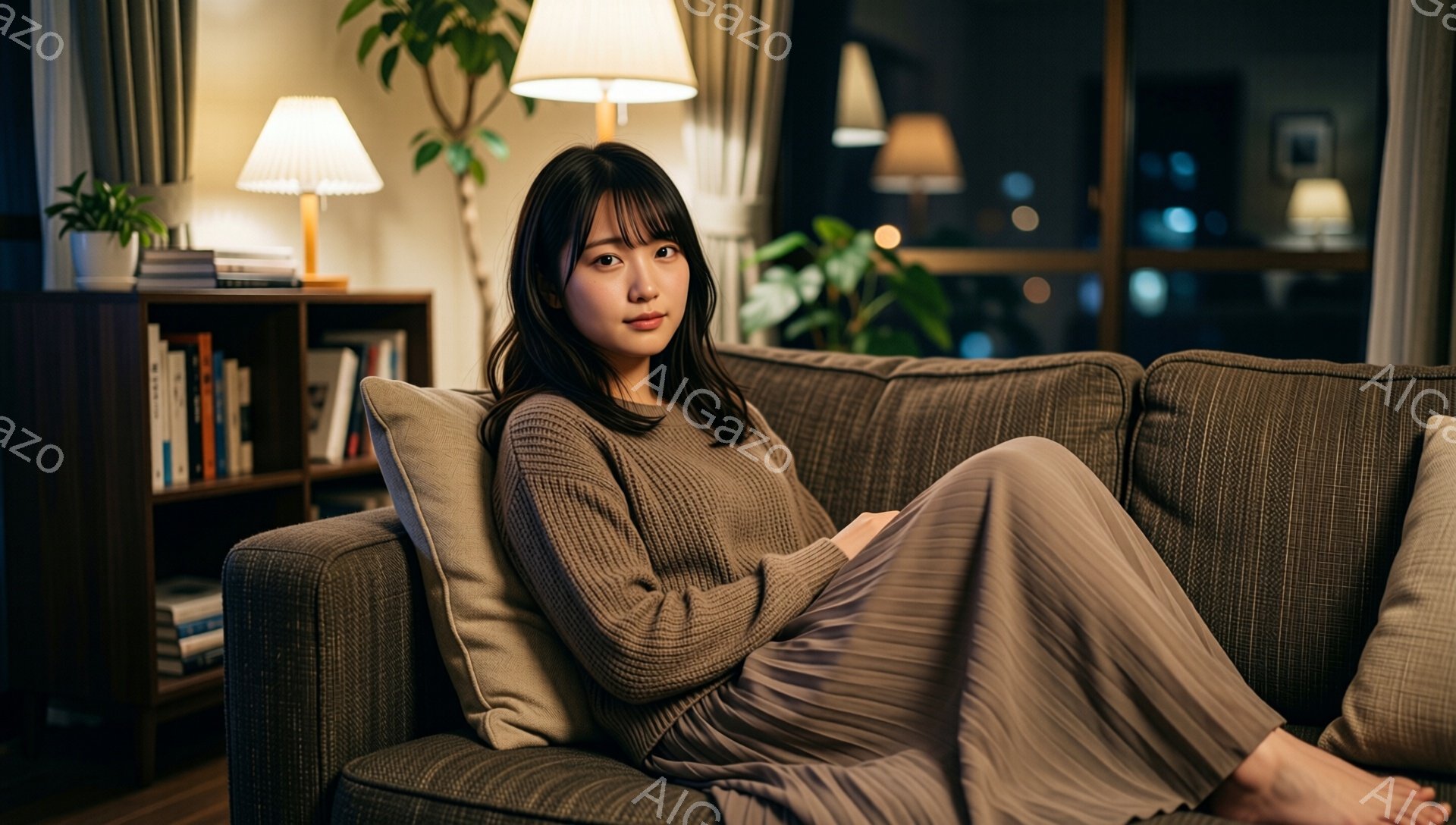 長い髪を耳にかける女性が、グレーがかった茶色のソファに横たわっている。ベージュのセーターとプリーツスカートを身につけ、足は裸足で、リラックスした表情をしている。背後には本棚や観葉植物が見え、暖色の照明が室内を照らし、落ち着いた家庭的な雰囲気を醸し出している。