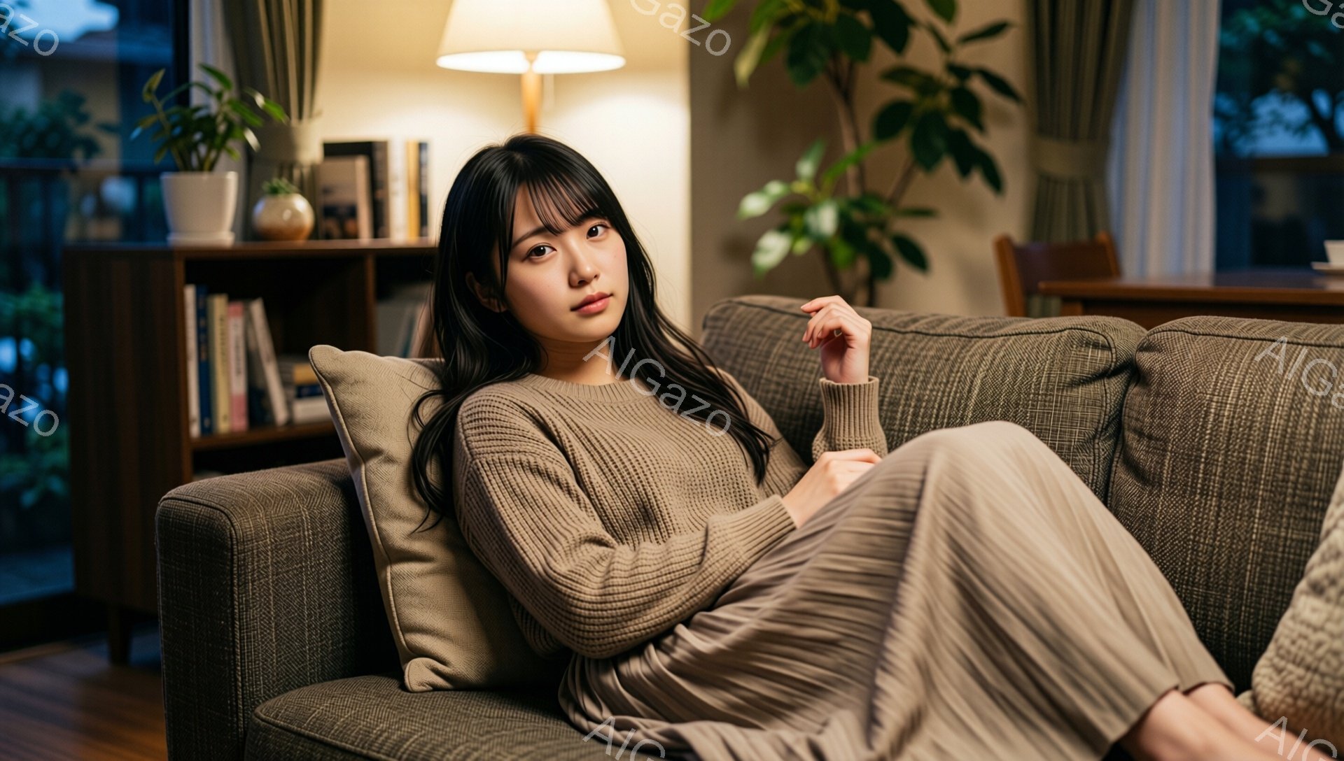長い黒髪で、前髪は眉毛にかかるようにカットされた若い女性が、ベージュ色のニットとスカートを身に着けてソファに横たわっています。彼女はリラックスした表情で、片手を肘掛けに置き、カメラ目線です。背景には木製の棚、観葉植物、そして薄暗いリビングルームの暖かな光が広がっており、落ち着いた雰囲気を醸し出しています。