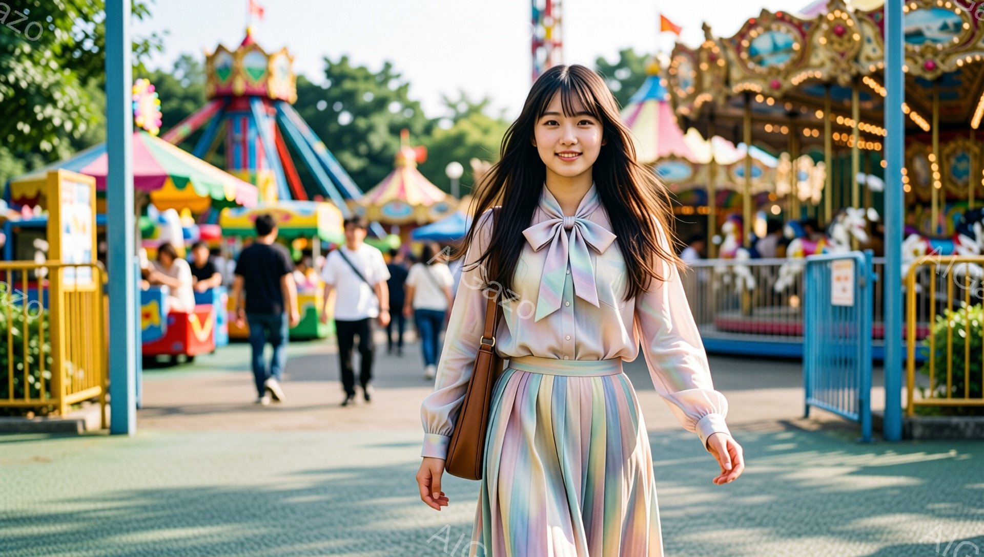 長い髪をセンターパートにし、前髪でおでこを隠した女性が、明るい色のストライプのスカートと薄いピンク色のブラウスを着ています。彼女は少し微笑んでおり、バッグを肩にかけ、遊園地の通路を正面を見て歩いています。背景には、カラフルなメリーゴーランドや多くの人々が見え、晴れた日の賑やかな遊園地の雰囲気が伝わってきます。