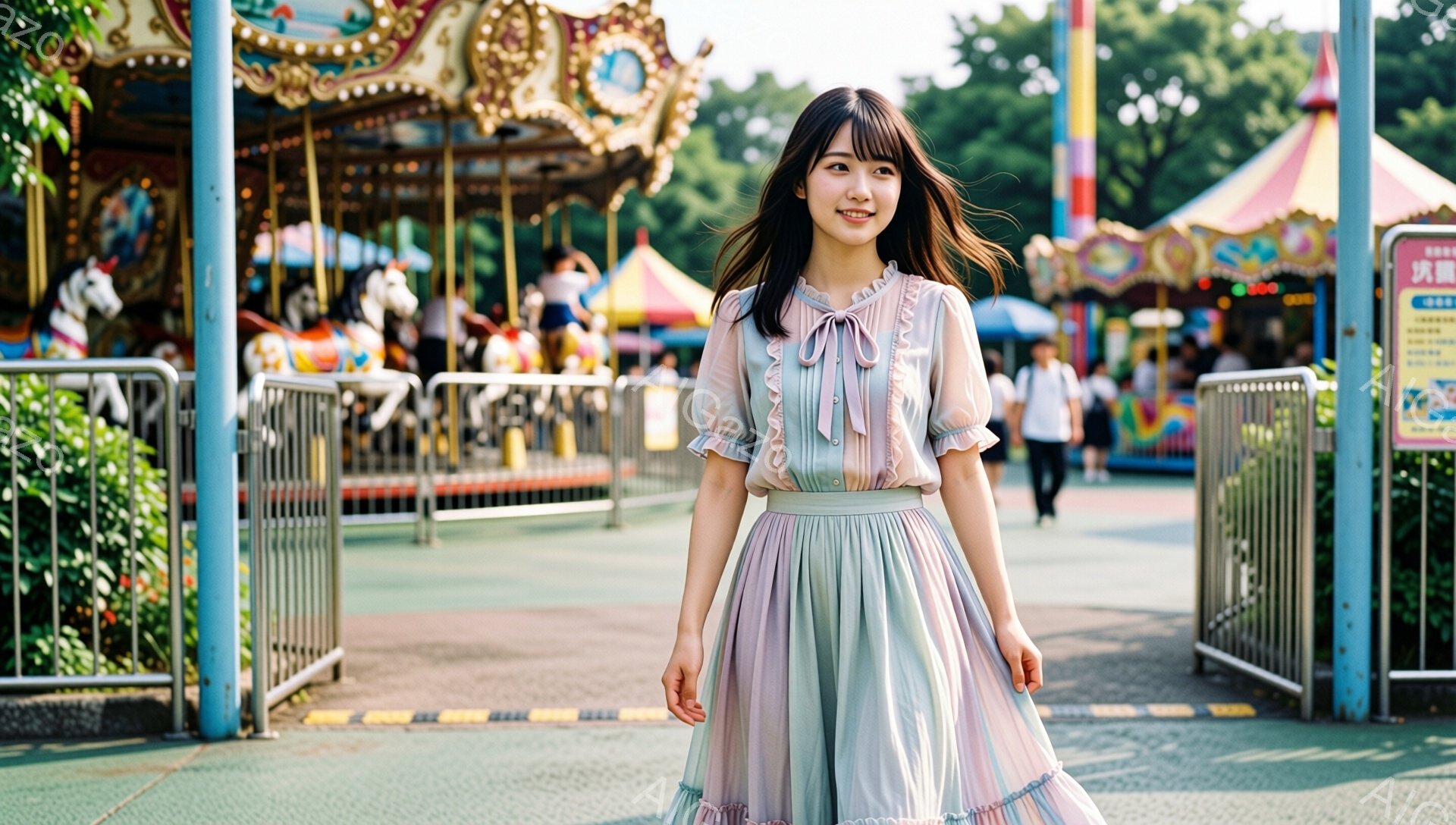 若い女性が遊園地の敷地内で笑顔で立っている。彼女はパステルカラーのストライプのプリーツスカートと、リボン付きの淡いピンク色のブラウスを着ており、髪は肩までの長さで、前髪が額にかかっている。背景には観覧車や他の遊園地の乗り物が見え、晴れた日中の穏やかで楽しい雰囲気が漂っている。