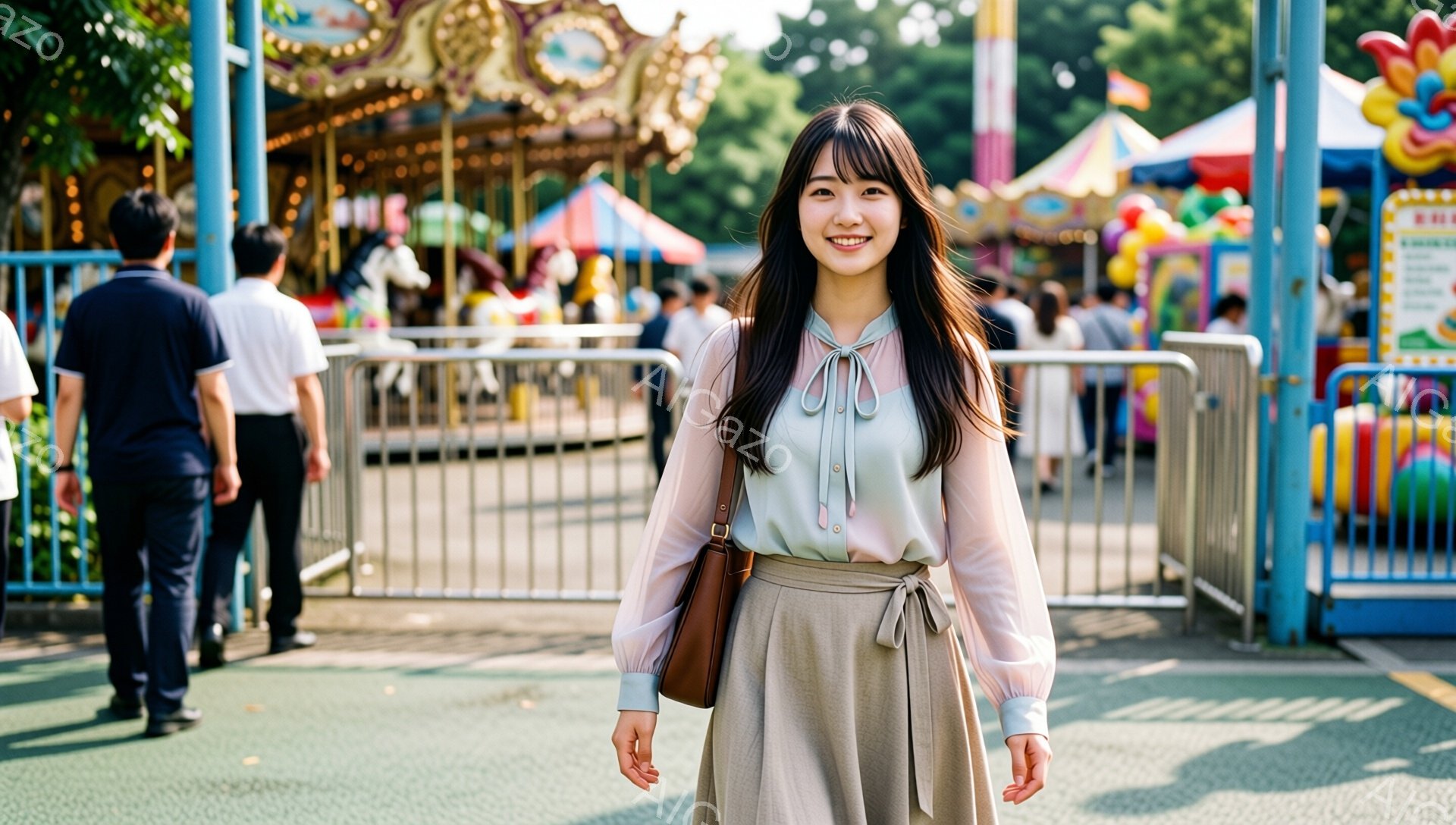 長い黒髪で、前髪を少し分けている女性が、水色のブラウスとベージュのスカートを身に着けて、明るい笑顔で立っています。彼女は肩に茶色のバッグをかけており、姿勢も良く、どこかに出かける途中のようです。背景には遊園地の乗り物や人々の姿が見え、晴れた日の賑やかな雰囲気が伝わってきます。
