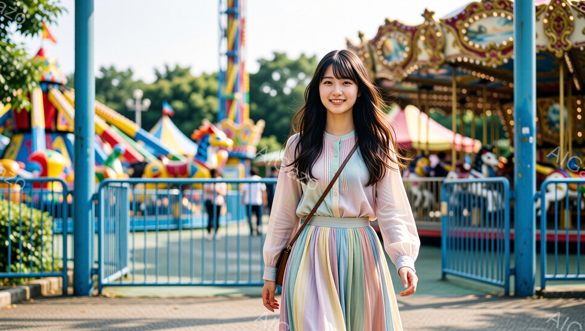 長い黒髪をサイドに流し、軽やかな笑顔を浮かべた女性が写っている。淡い緑色の長袖ブラウスと、パステルカラーのプリーツスカートを身に着け、肩に茶色のショルダーバッグをかけている。背景には遊園地のカラフルな - AI生成フリー素材