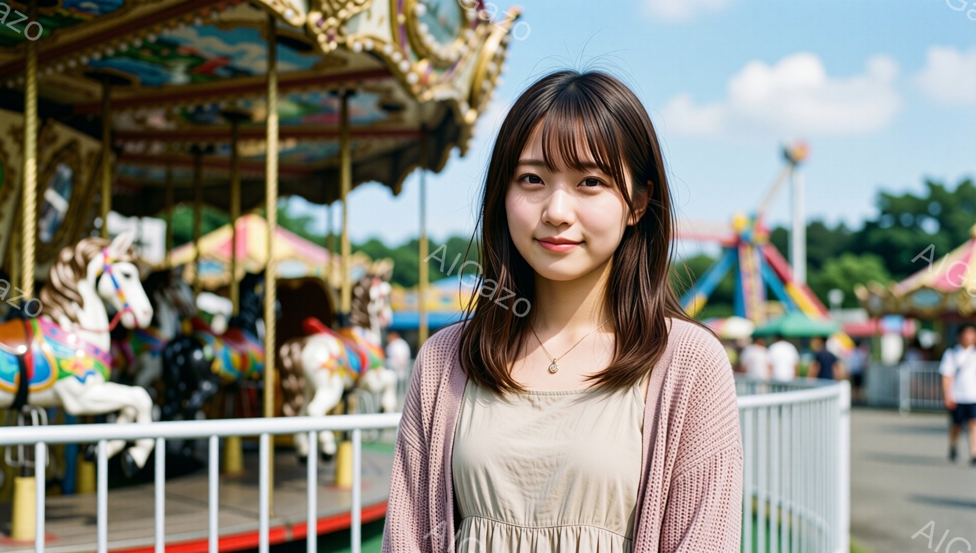 若い女性が遊園地のメリーゴーランドの前で微笑んでいます。ベージュ色のワンピースに薄いピンク色のカーディガンを着て、長い茶色の髪は肩にかかる長さで、前髪があります。背景にはカラフルなメリーゴーランドの馬や遊園地の屋台が見え、晴天の下、賑やかな雰囲気が漂っています。
