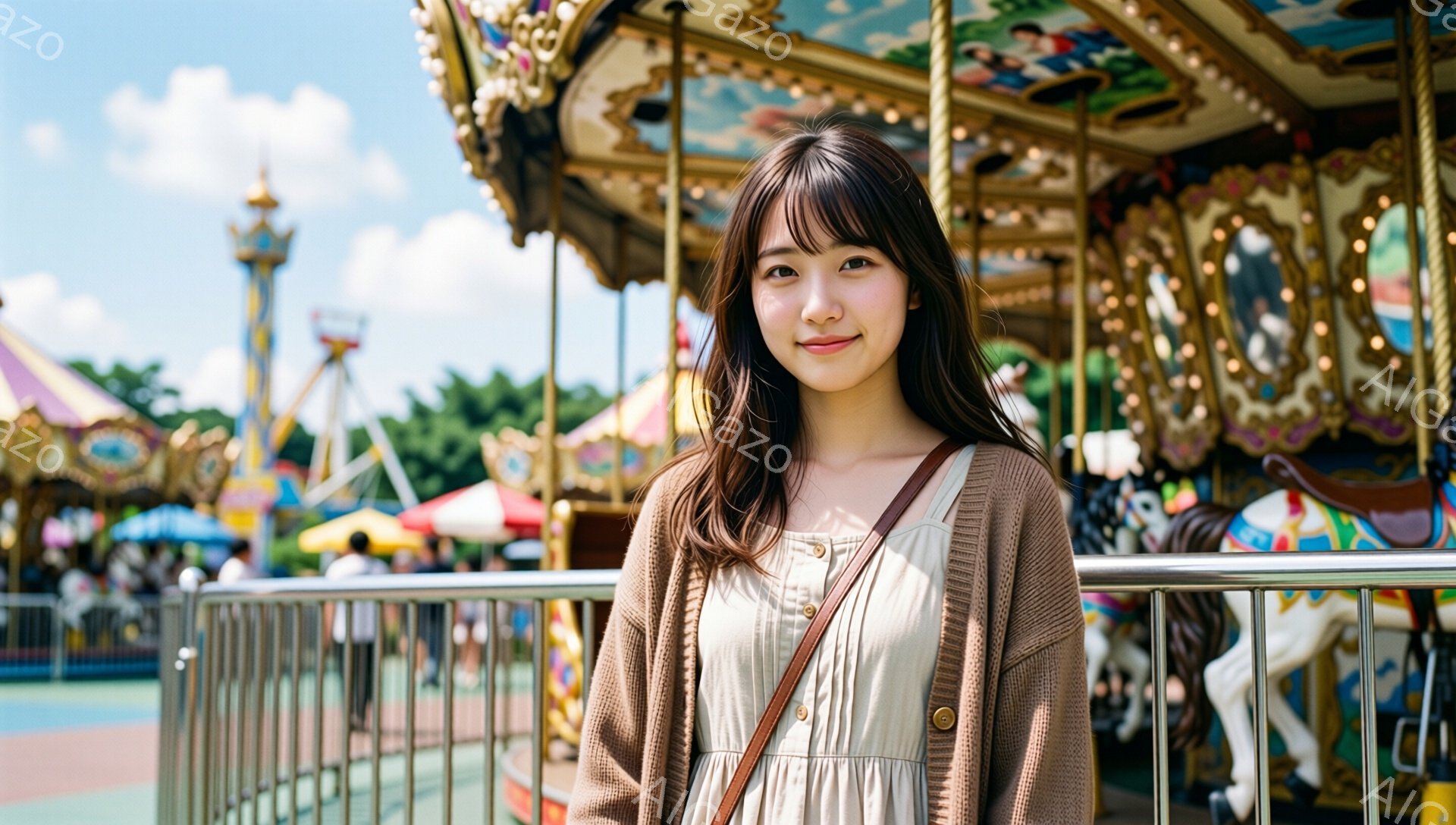 長いダークブラウンの髪で、前髪が眉毛にかかる女性が写っている。ベージュ色のカーディガンとワンピースを着て、肩にストラップの付いたバッグをかけている。背景には遊園地のメリーゴーランドや他のアトラクションが見え、晴れた空と緑の木々が広がっており、楽しげな雰囲気を醸し出している。