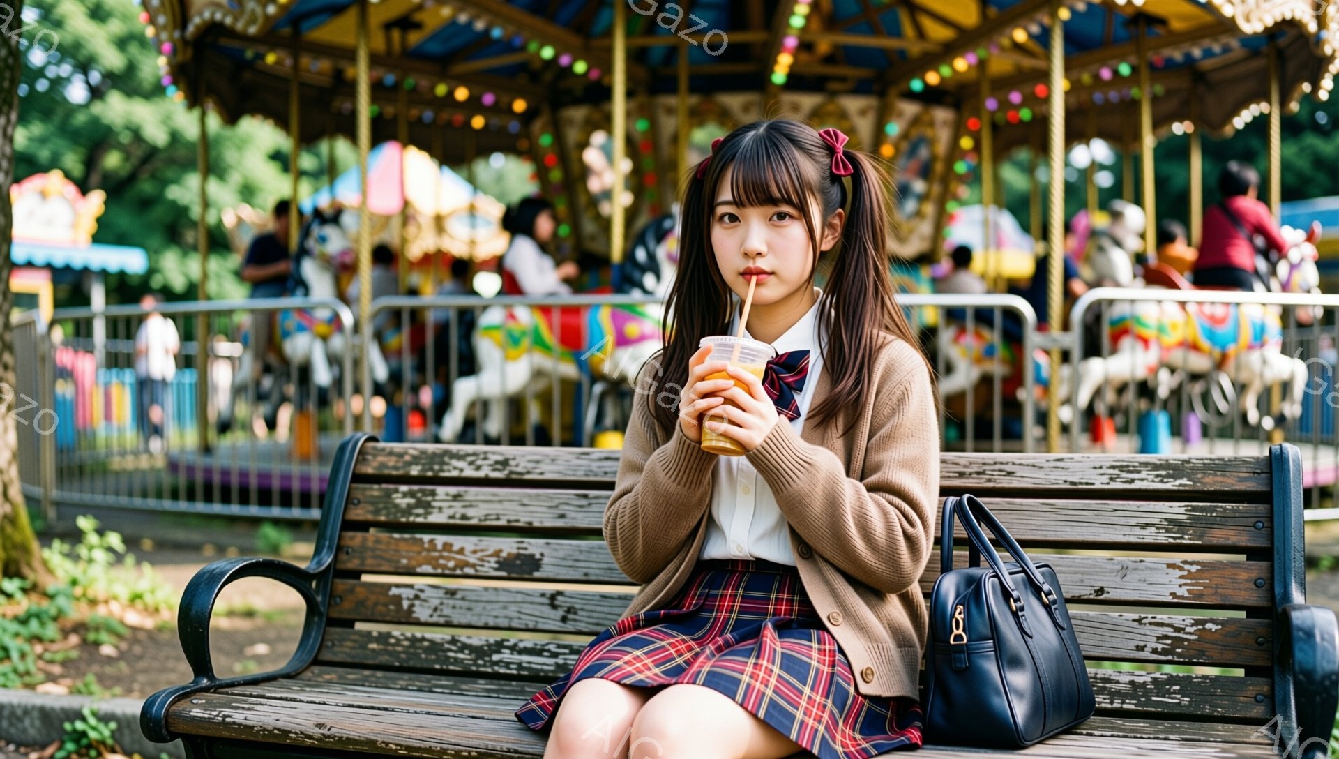 若い女性が公園のベンチに座り、オレンジ色の飲み物をストローで飲んでいます。彼女はチェックのスカートとベージュのカーディガンを着ており、髪はツインテールに結ばれています。背景にはカラフルなメリーゴーラウンドがあり、緑豊かな木々が生い茂り、明るく穏やかな雰囲気を醸し出しています。