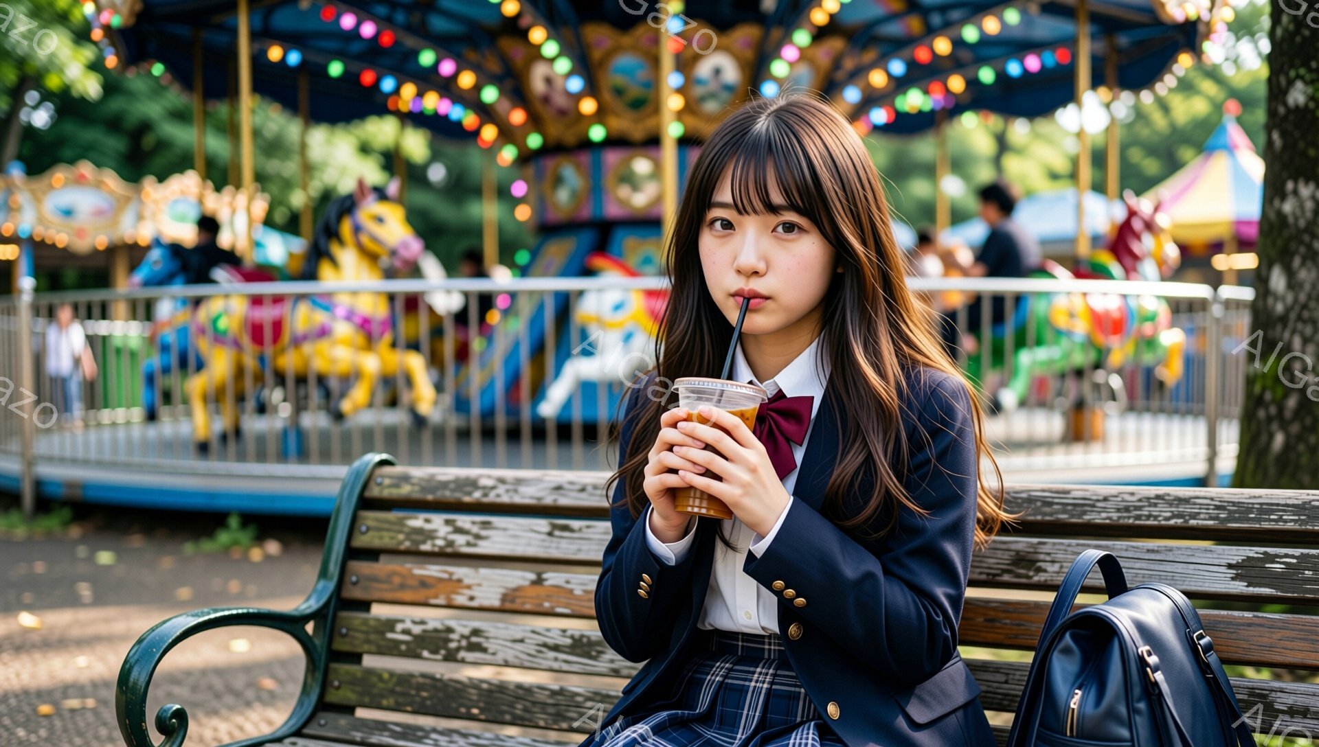 若い女性が公園のベンチに座り、プラスチック製のカップに入った飲み物をストローで飲んでいます。彼女は紺色のブレザーにチェックのスカート、赤いリボンタイ、そして長くストレートな黒髪で、少し憂いを含んだ表情をしています。背景には、色鮮やかなメリーゴーラウンドと緑豊かな木々が広がり、晴れた日の穏やかな雰囲気を醸し出しています。
