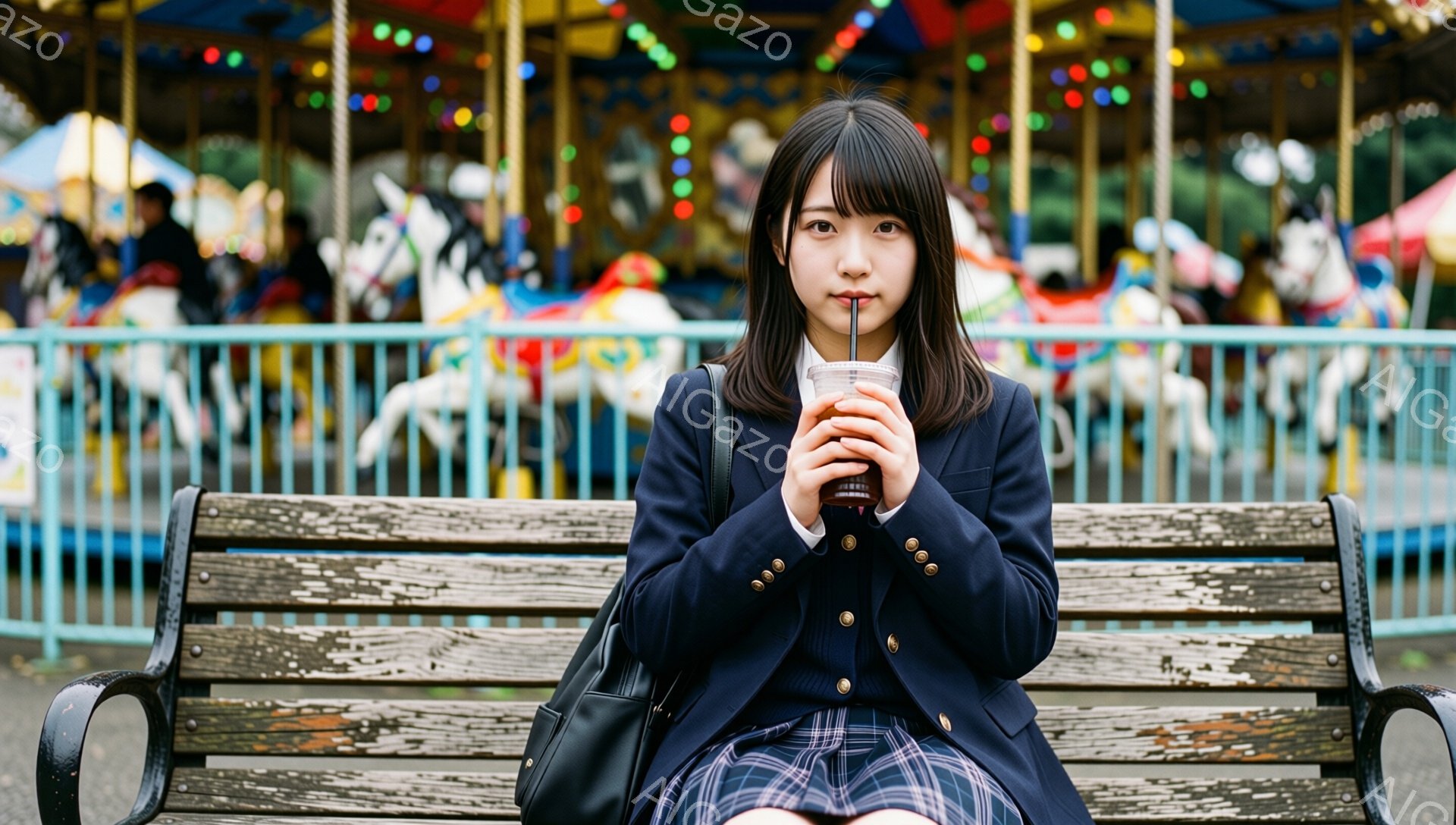 若い女性が、遊園地のカルーセルを背景にベンチに座っています。彼女は紺色のブレザーとチェック柄のスカート、そして黒いバッグを着ており、髪は肩まで届く長さで前髪があります。少し微笑んだ表情で、手に持ったドリンクを見つめています。