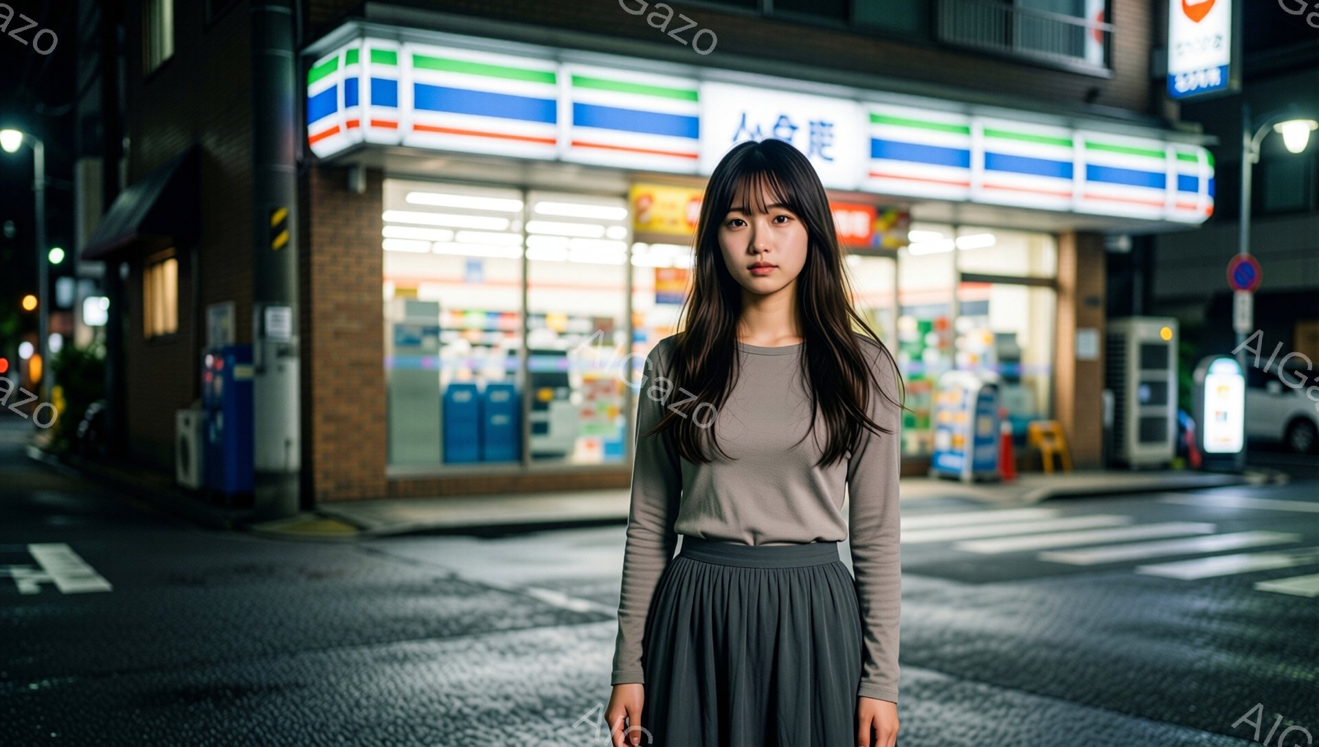 長い黒髪の女性が、ベージュの長袖シャツとグレーのフレアスカートを着て、交差点の中心に立っている。彼女は正面を見据え、やや憂いのある表情を浮かべている。背景には、明るい光を放つコンビニエンスストアや、夜の街並みがぼんやりと見える。
