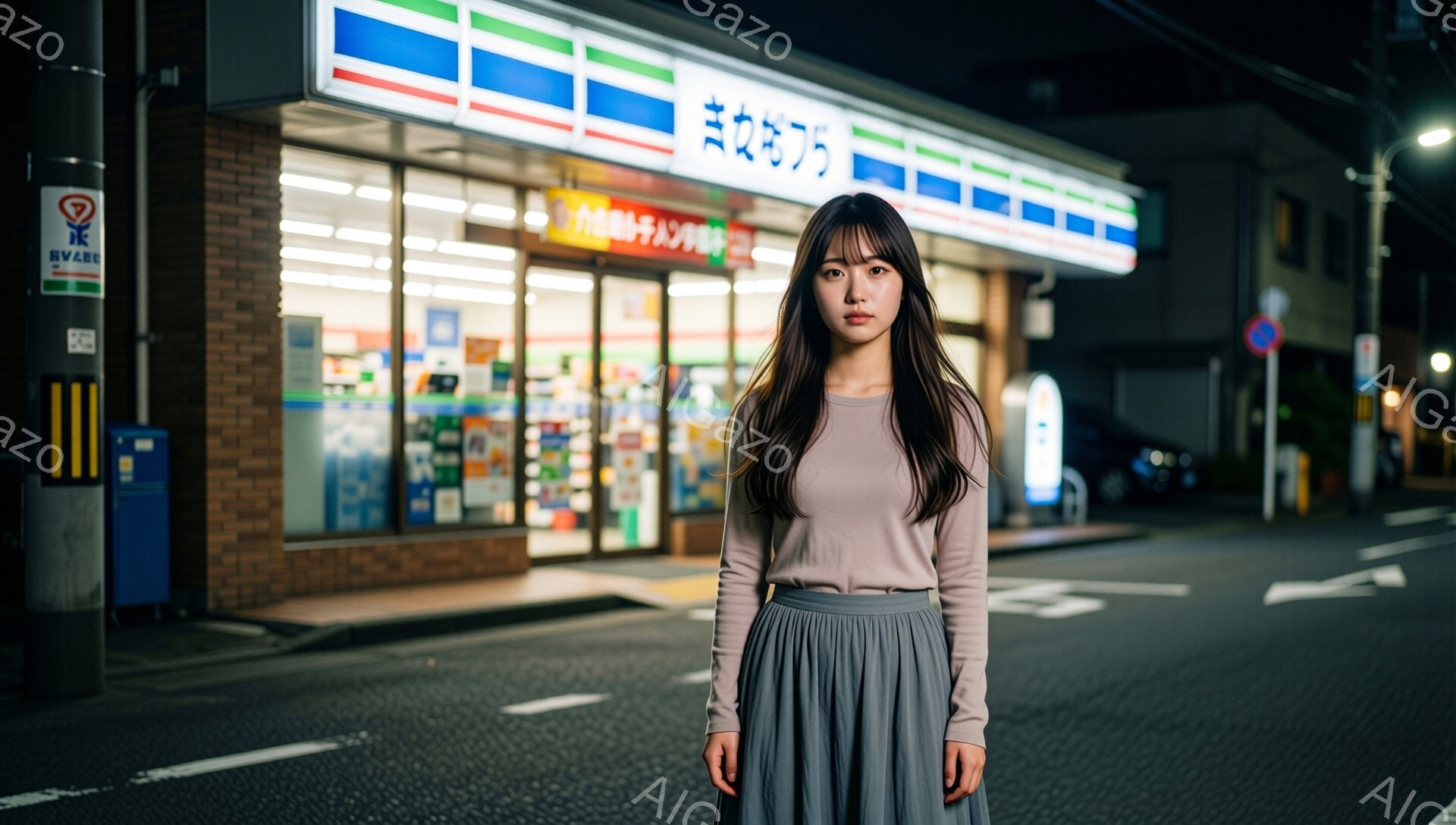 画像には、夜の路上に立つ若い女性が写っています。彼女はベージュ色の長袖シャツとグレーのプリーツスカートを着ており、長い黒髪を肩のあたりで分けています。背景には、明るい光を放つコンビニエンスストアがあり、夜の静かな街並みが広がっています。