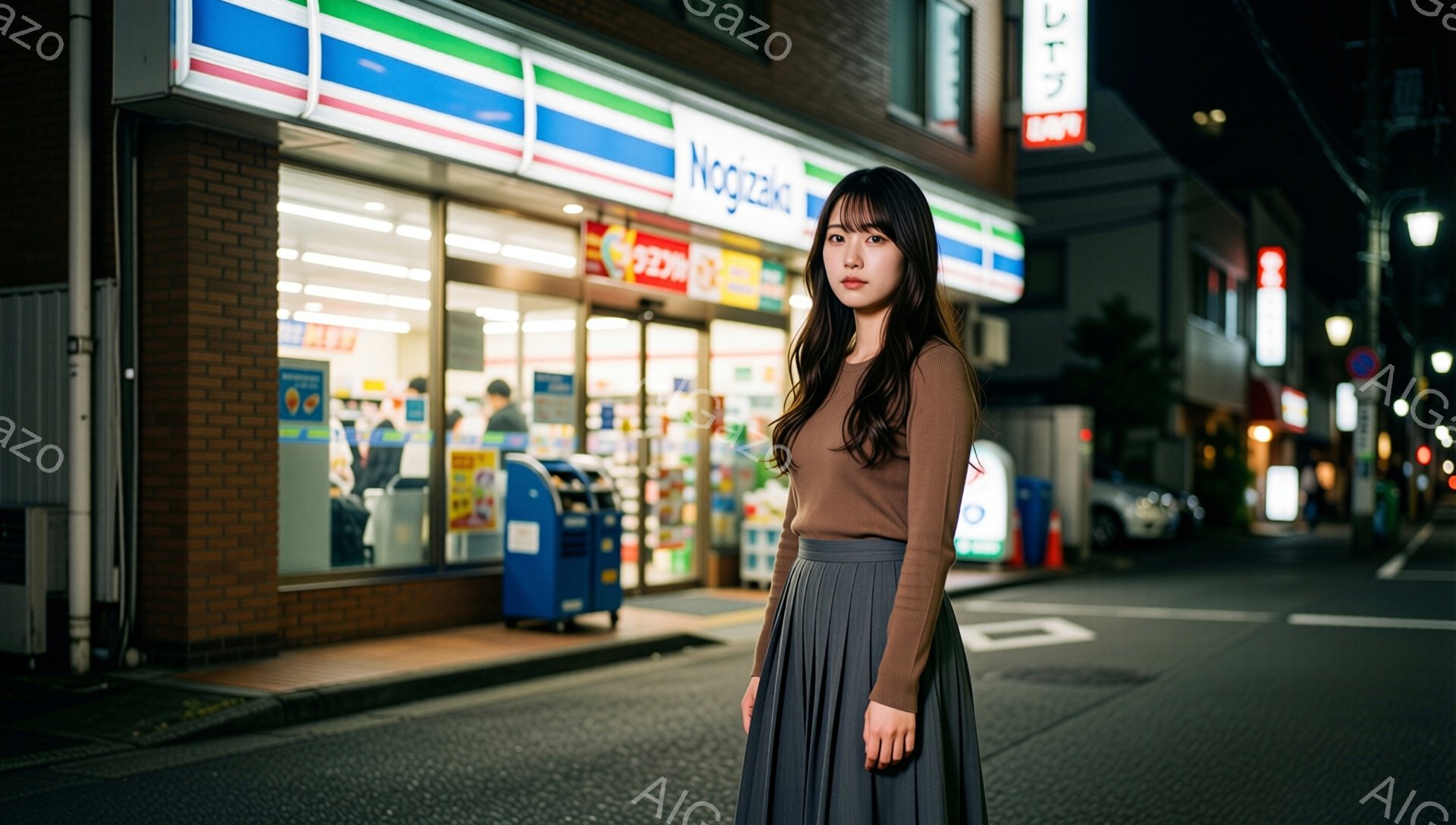 長いダークブラウンの髪の女性が、ベージュのセーターとグレーのプリーツスカートを着て、道路の真ん中に立っています。彼女は少しこちらを見て、穏やかで控えめな表情をしています。背景には、夜間にライトアップされたコンビニエンスストアがあり、落ち着いた夜の雰囲気を醸し出しています。