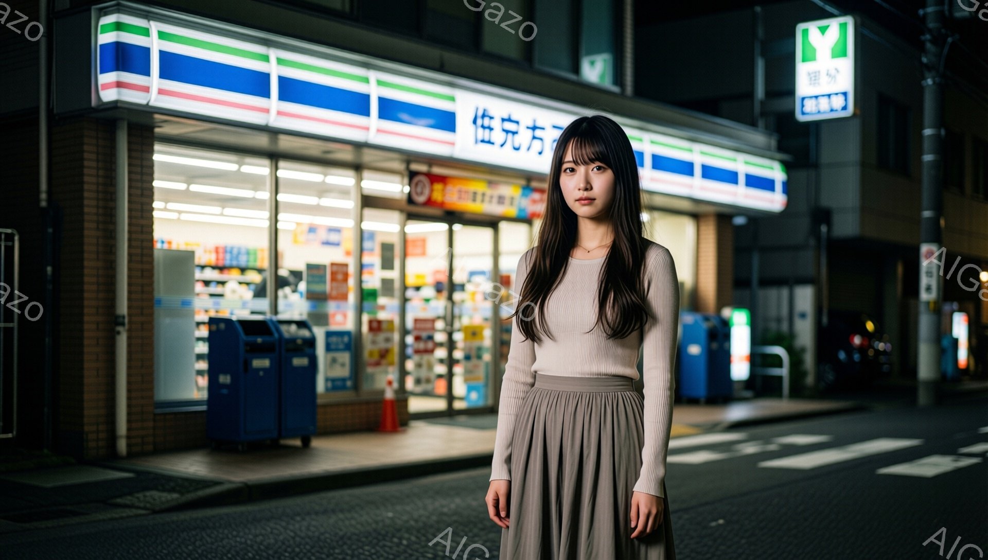 長い黒髪の女性が、ベージュ色の長袖セーターとスカートを身につけ、アスファルトの道路に立っている。彼女はやや難しい表情でカメラを見つめており、リラックスした姿勢で両手を下ろしている。背景には、光る看板が - AI生成フリー素材