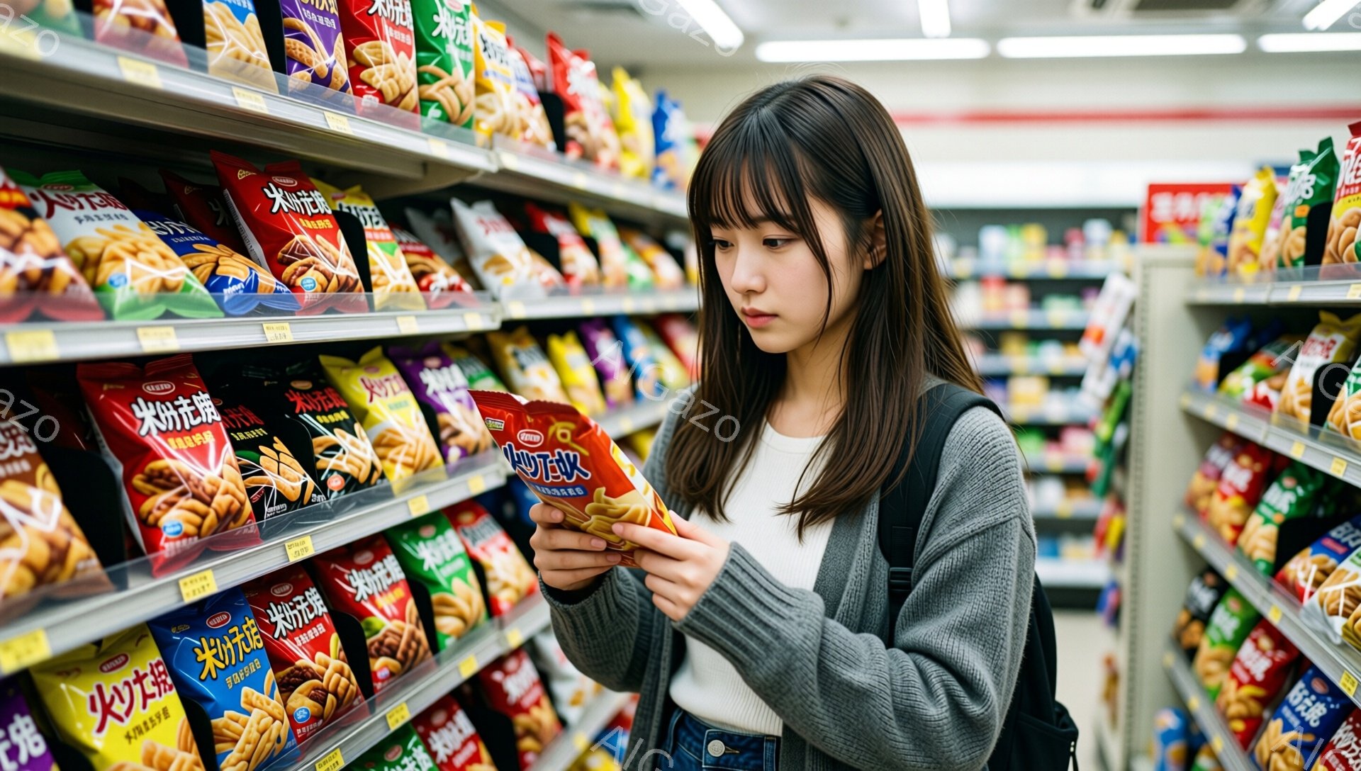 若い女性がスナック菓子の棚の前で、一つの袋を手に取り吟味している様子が写っています。彼女は長い前髪と肩までの長さの黒髪で、グレーのセーターとジーンズを着ています。背景には様々な種類のスナック菓子が並び、スーパーマーケットまたはコンビニエンスストアのような小売店の様子が見て取れます。
