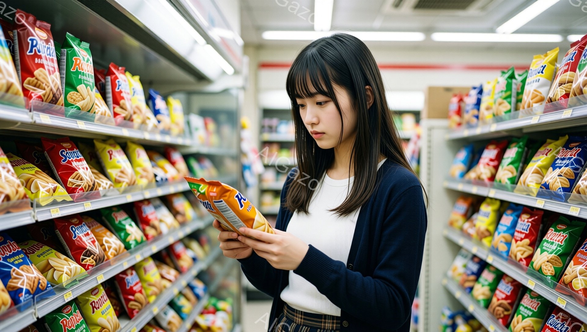 茶髪で前髪のある若い女性が、スーパーマーケットのスナック菓子の棚の前で立っている。彼女は紺色のカーディガンとチェック柄のスカートを着ており、オレンジ色のパッケージを注意深く見ている。棚には様々な種類のポテトチップスやスナックが並び、店内は明るく清潔な雰囲気だ。