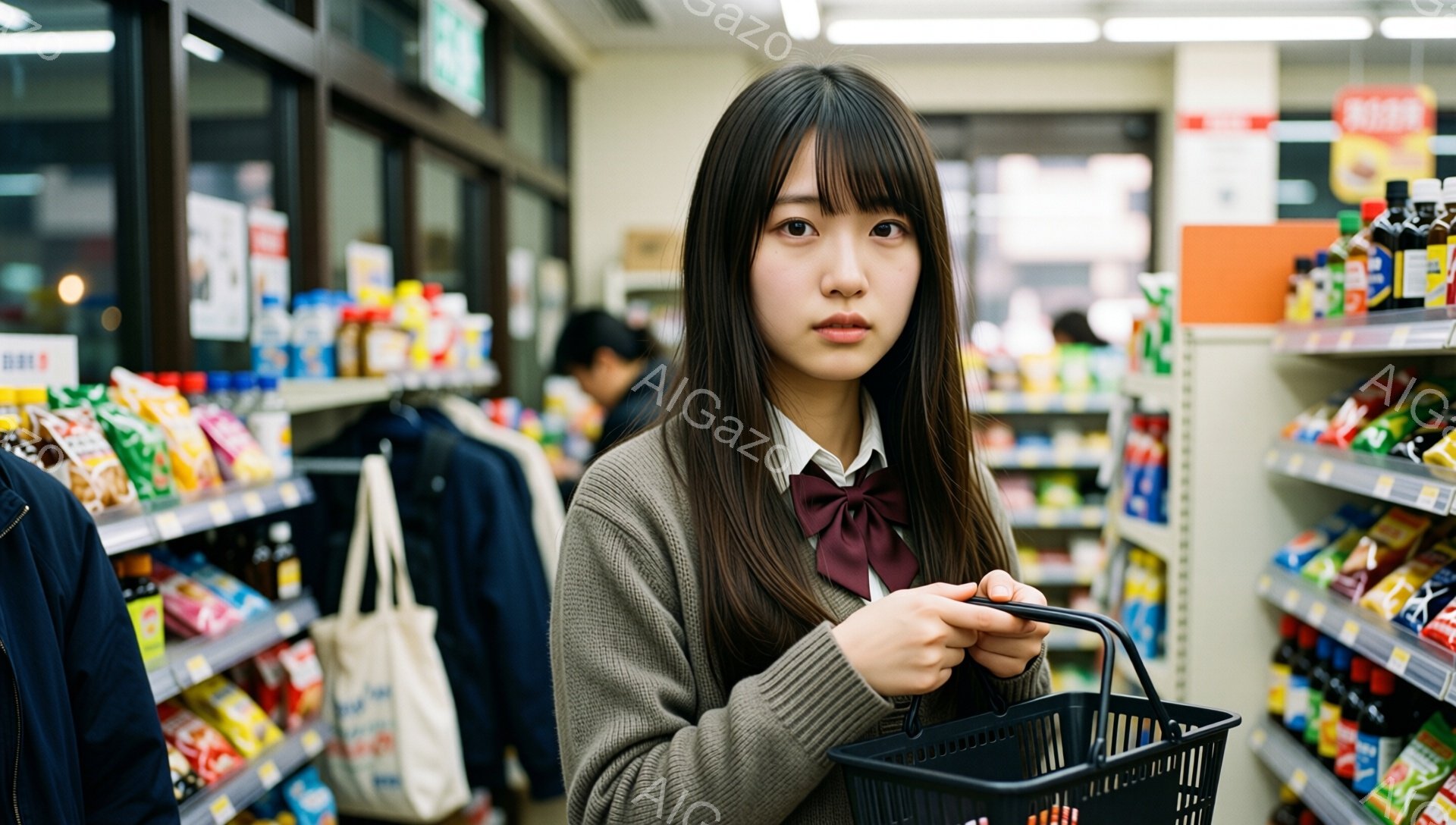 画像には、制服姿の若い女性がスーパーマーケットで買い物かごを持っています。彼女は茶色のセーターと白いシャツ、そして赤いリボンをつけており、髪は肩までの長さで前髪が目にかかっています。表情は少し困惑しているように見え、商品の棚の前で立っています。