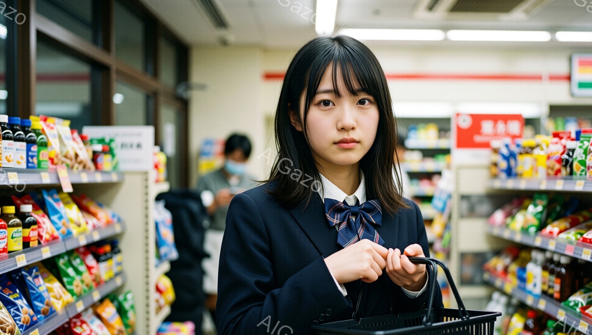 画像には、制服を着た若い女性がスーパーマーケットの通路に立っている様子が写っています。彼女は黒いブレザー、白いシャツ、チェック柄のネクタイを着用し、長く暗い髪を肩にかかせています。彼女はバスケットを持って少し顔をしかめており、少し憂鬱な雰囲気です。