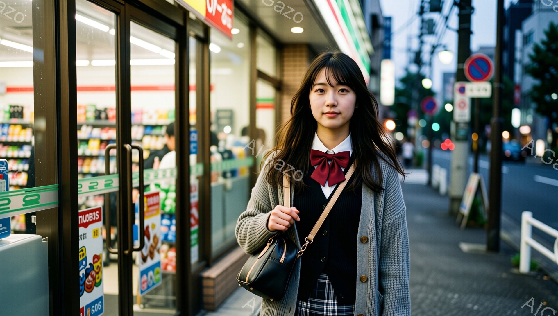 制服姿の若い女性が、コンビニエンスストアの前に立っている。彼女はカーディガンを羽織り、チェック柄のスカートとリボン付きのブラウスを着ており、肩には黒いショルダーバッグをかけている。表情は穏やかで、やや微笑んでいるように見える。