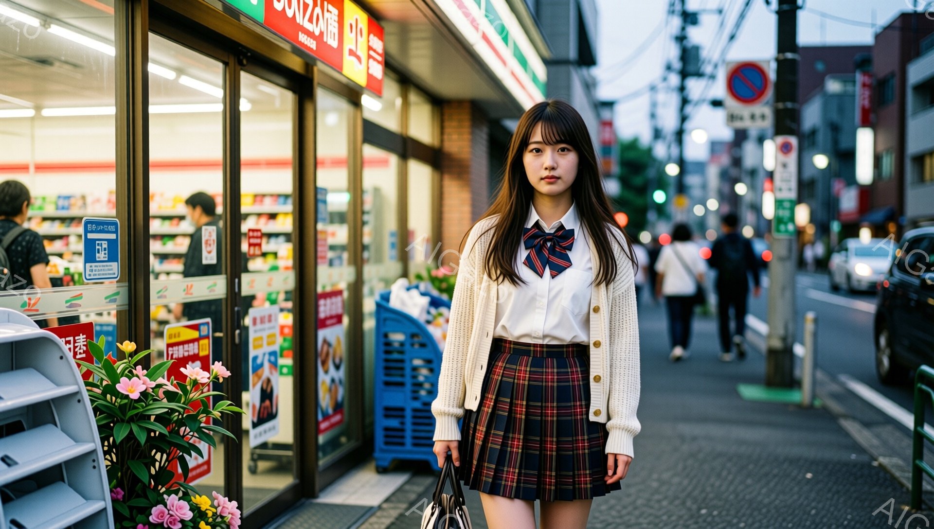 制服姿の女子高生が、コンビニエンスストアの前で正面を向いている。彼女は白いカーディガン、チェック柄のスカート、リボン付きのブラウスを着ており、黒髪を肩まで伸ばし、少し憂いのある表情をしている。背景には、他の歩行者や車、そして店舗の看板が見え、夕暮れ時の街並みが広がっている。