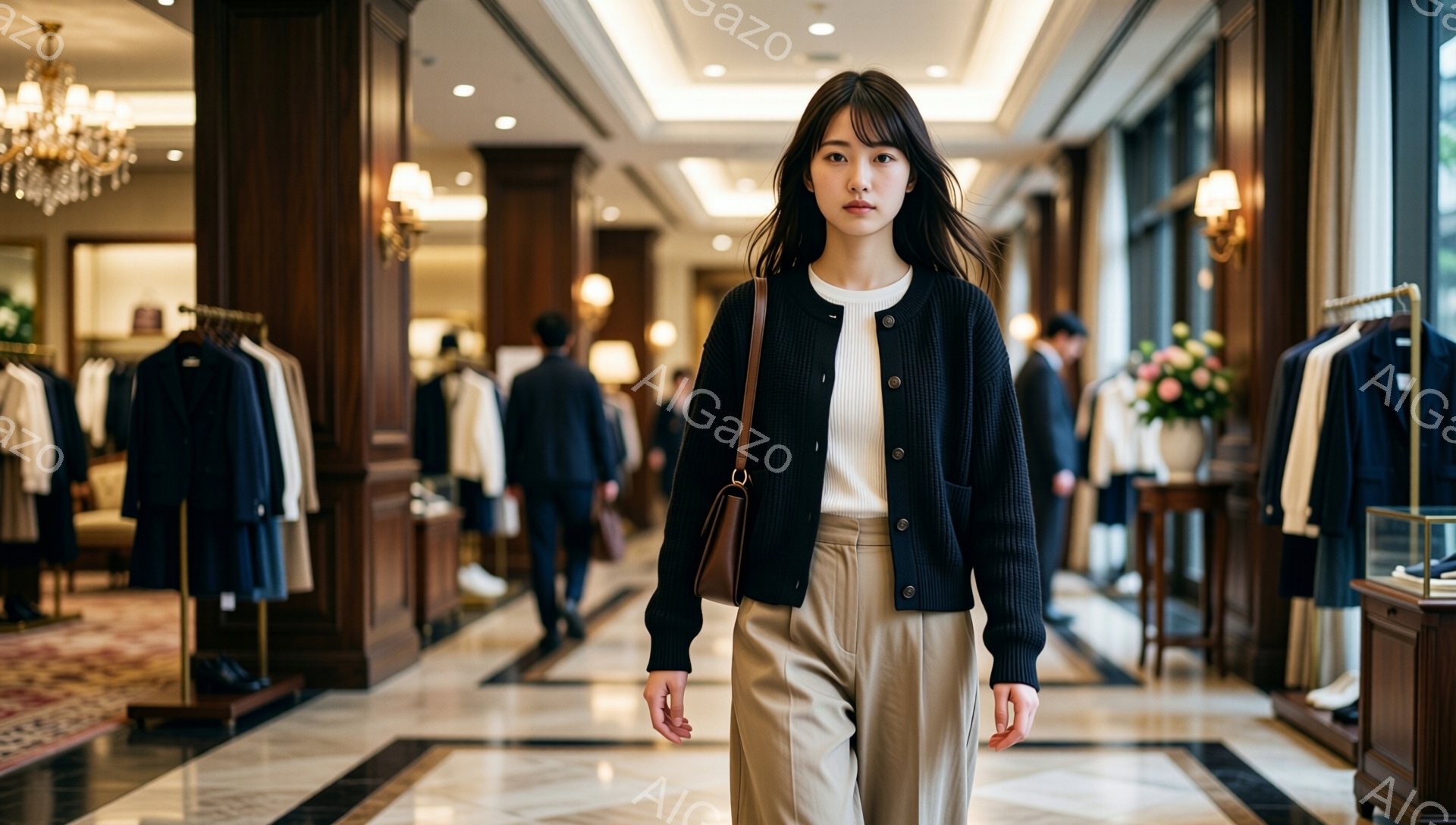 画像には、黒いカーディガン、白いインナー、ベージュのワイドパンツを着用した女性が写っています。彼女は少し微笑んでおり、肩にブラウンのショルダーバッグをかけて、リラックスした姿勢で正面を見つめています。背景は高級感のある衣料品店で、ラックに並んだ服や豪華なシャンデリア、大理石の床が確認できます。
