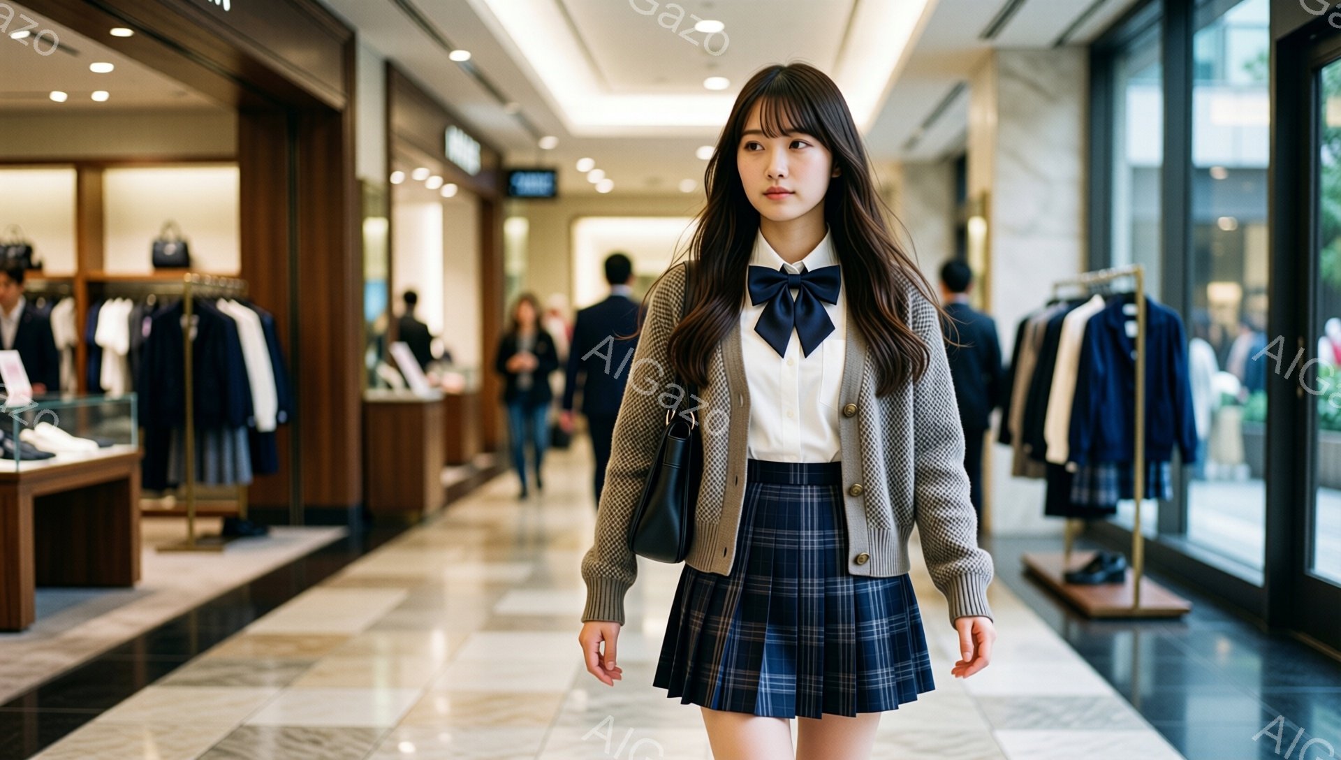 画像には、チェック柄のスカートと白いシャツ、そしてグレーのカーディガンを着た若い女性が写っています。彼女は長い髪をなびかせ、少し微笑んでおり、少し先を見つめるような視線を送っています。背景は高級感のあるショッピングモールの廊下で、ショーウィンドウや衣服が並び、明るく清潔な雰囲気が漂っています。