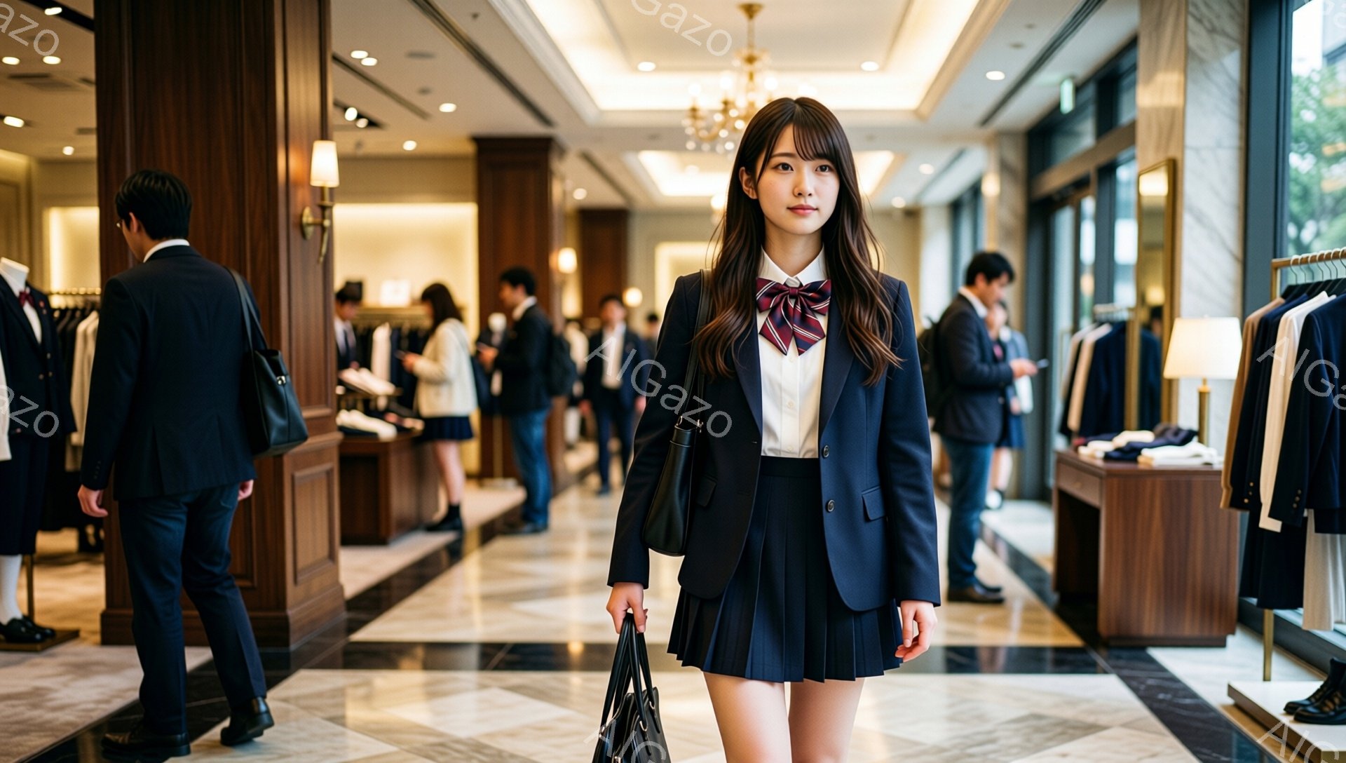 画像には、紺色のブレザーとプリーツスカートを着用し、白いシャツに赤いネクタイを締めた若い女性が写っている。彼女はバッグを手に持ち、少し微笑んでカメラを見つめている。背景は高級感のある紳士服店のようで、多くの人が服を選んでいるのが見える。