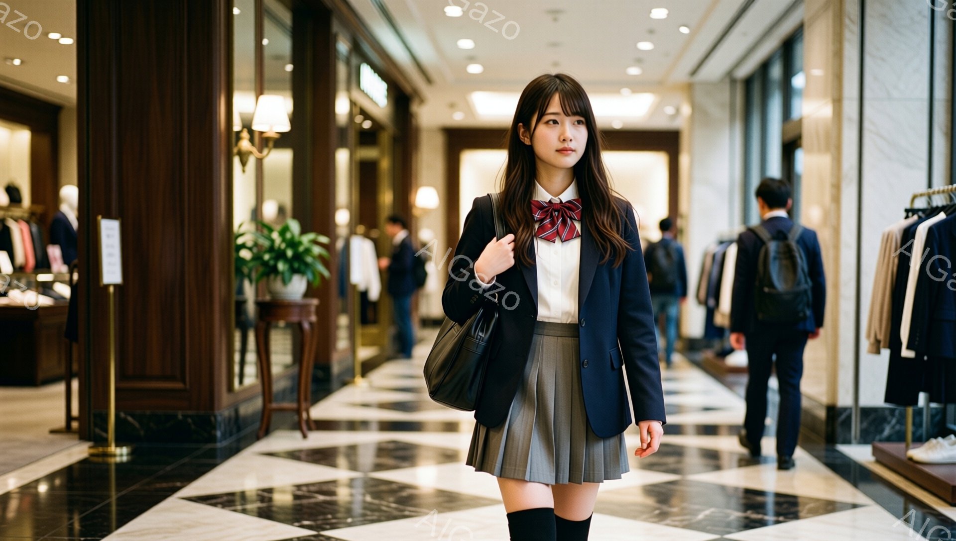 制服を着た女子高生が、ショッピングモールの通路で正面を向いて立っている。彼女は白いブラウスにネクタイ、紺色のブレザー、プリーツスカート、ニーハイソックスを着用し、肩にバッグをかけている。背景には他の買い物客や高級感のある内装が見られ、明るく華やかな雰囲気が漂っている。