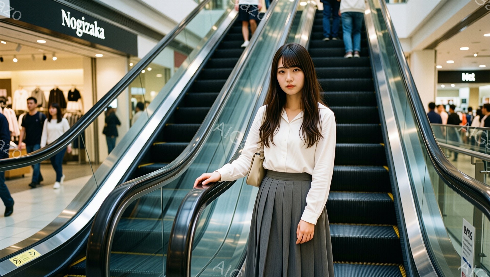 画像には、エスカレーターに乗っている若い女性が写っています。彼女は白いシャツとグレーのフレアスカートを身に着け、肩にバッグをかけています。表情は穏やかで、少し微笑んでいるように見え、背景にはショップや他の人々がぼやけています。