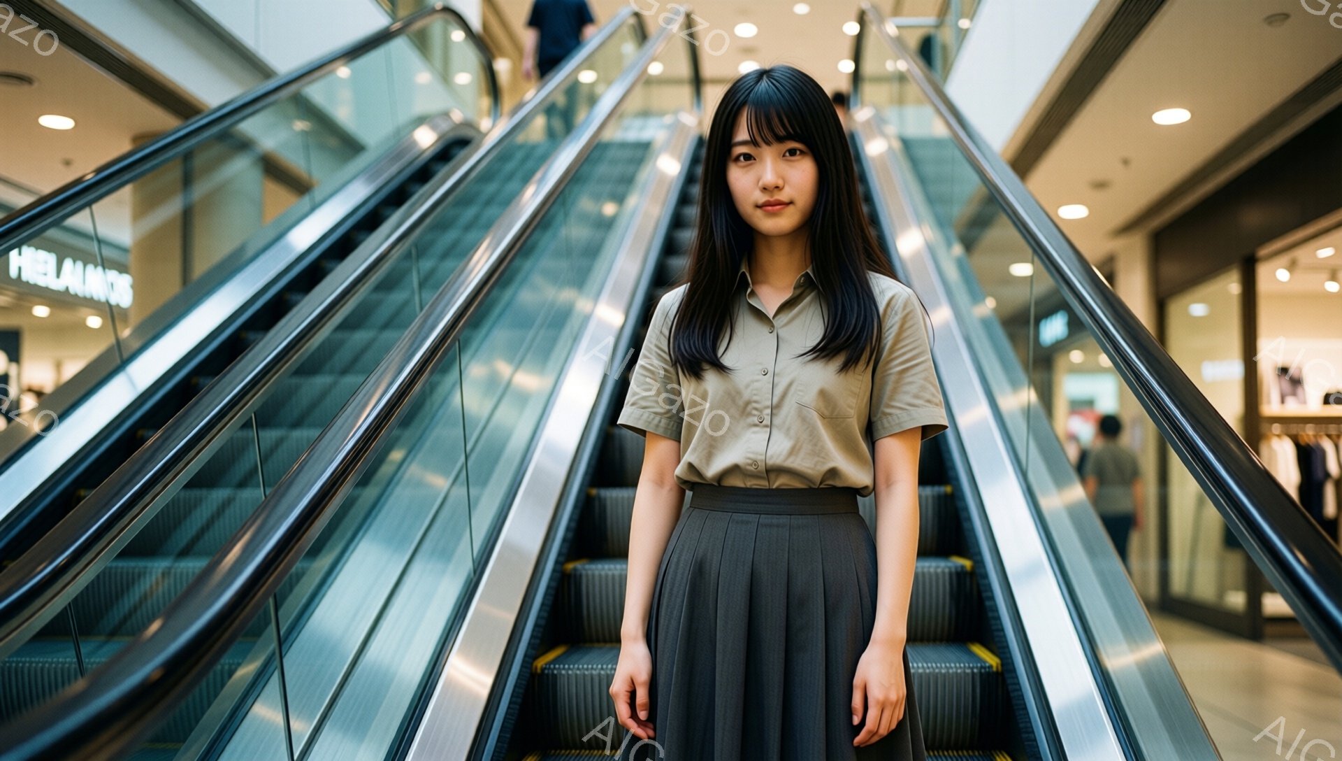 黒髪の女性が、ショッピングモールのエスカレーターの前に立っている。ベージュ色のシャツとプリーツスカートを身につけ、前髪を揃えたヘアスタイルで、落ち着いた表情をしている。背景には他の買い物客や店舗が見え、明るく近代的な雰囲気である。