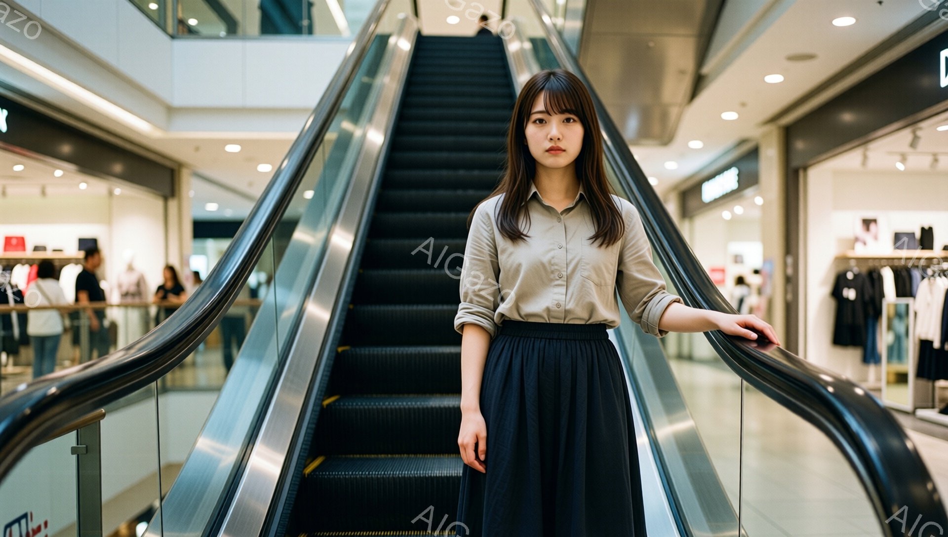 画像には、エスカレーターのそばに立つ若い女性が写っています。ベージュ色の長袖シャツに黒のロングスカートを着用し、髪は肩の長さでストレートにされています。女性は少し微笑んでおり、リラックスした雰囲気でエスカレーターの手すりに手を添えています。