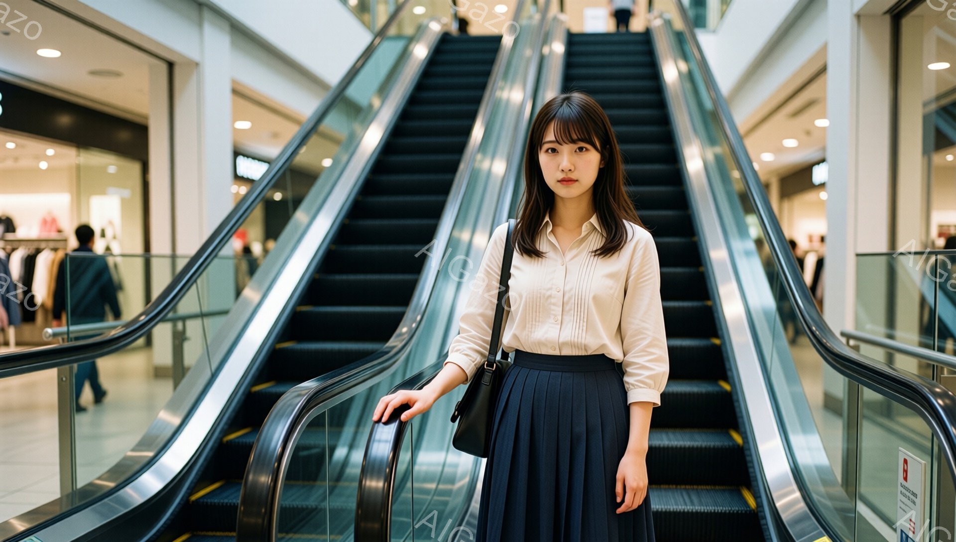 画像には、エスカレーターの前で立つ若い女性が写っています。彼女はオフホワイトのボタンダウンシャツと、プリーツの濃い青色のスカートを身に着け、肩に黒いバッグをかけています。彼女は少し微笑んでおり、リラックスした表情で、エスカレーターはショッピングモールのような場所にあるようです。