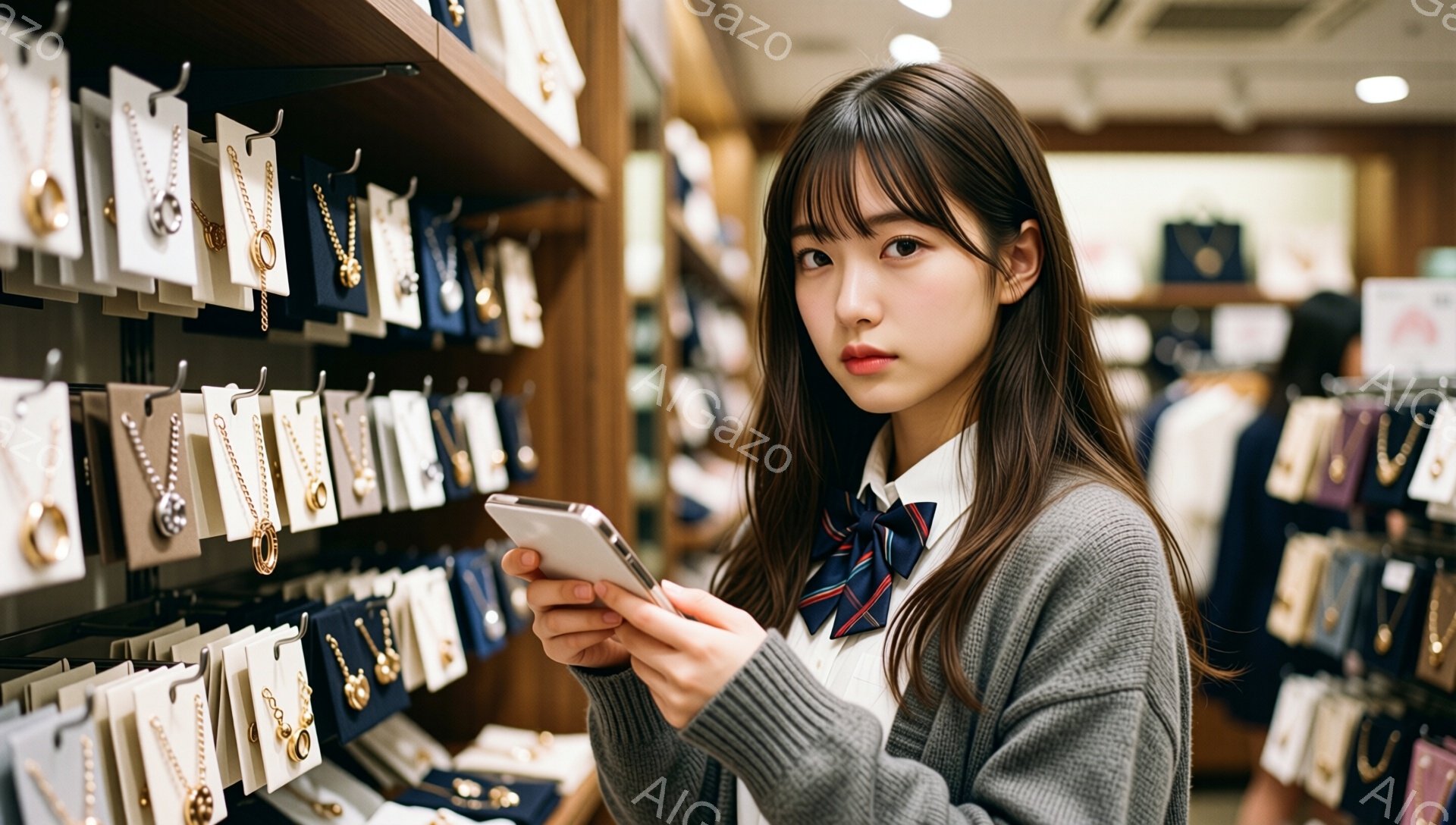 長い茶色の髪の女性が、アクセサリーが並んだショーケースの前でスマートフォンを見つめています。白いシャツにネイビーとグレーのネクタイ、グレーのセーターを着ており、やや真剣な表情をしています。背景には、多くのアクセサリーが飾られたショーケースが並び、明るい照明が店内に暖かさを与えています。