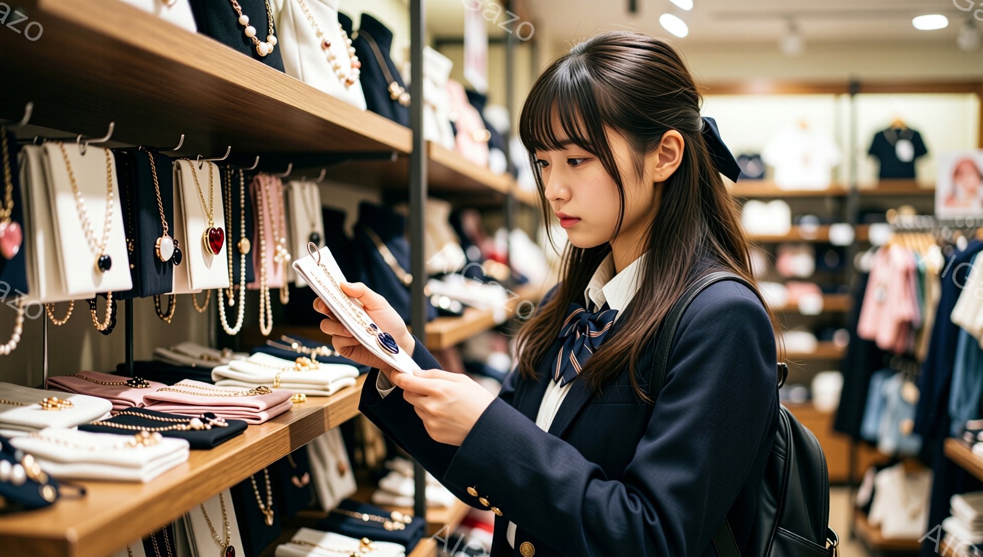 若い女性がアクセサリーのショーケースを見ている写真です。紺色のブレザーにネクタイ、髪は前髪とサイドを軽くカールさせてリボンで結んでいます。彼女は何かを選ぶように商品を手に持ち、真剣な表情でそれを見つめています。