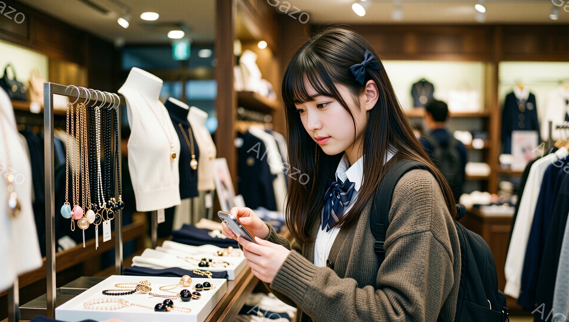 茶色のカーディガンにネイビーのリボンと白いシャツを着た若い女性が、店のアクセサリーコーナーでスマートフォンを見ている。彼女は前髪を少しカールさせたロングヘアで、少し微笑みながら画面を見つめている。背景には、白いセーターや服が並び、お店の落ち着いた雰囲気と女性のショッピングを楽しむ様子が伝わってくる。
