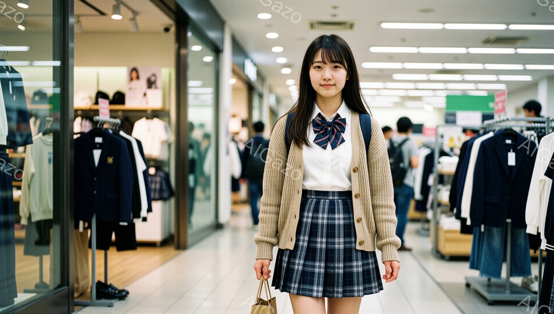 画像には、制服を着た若い女性が写っています。彼女は白いシャツにネクタイ、チェック柄のスカート、ベージュのカーディガンを着ており、肩にバッグをかけて少し微笑んでいます。背景には衣料品店があり、ハンガーにたくさんの服が並んでいます。