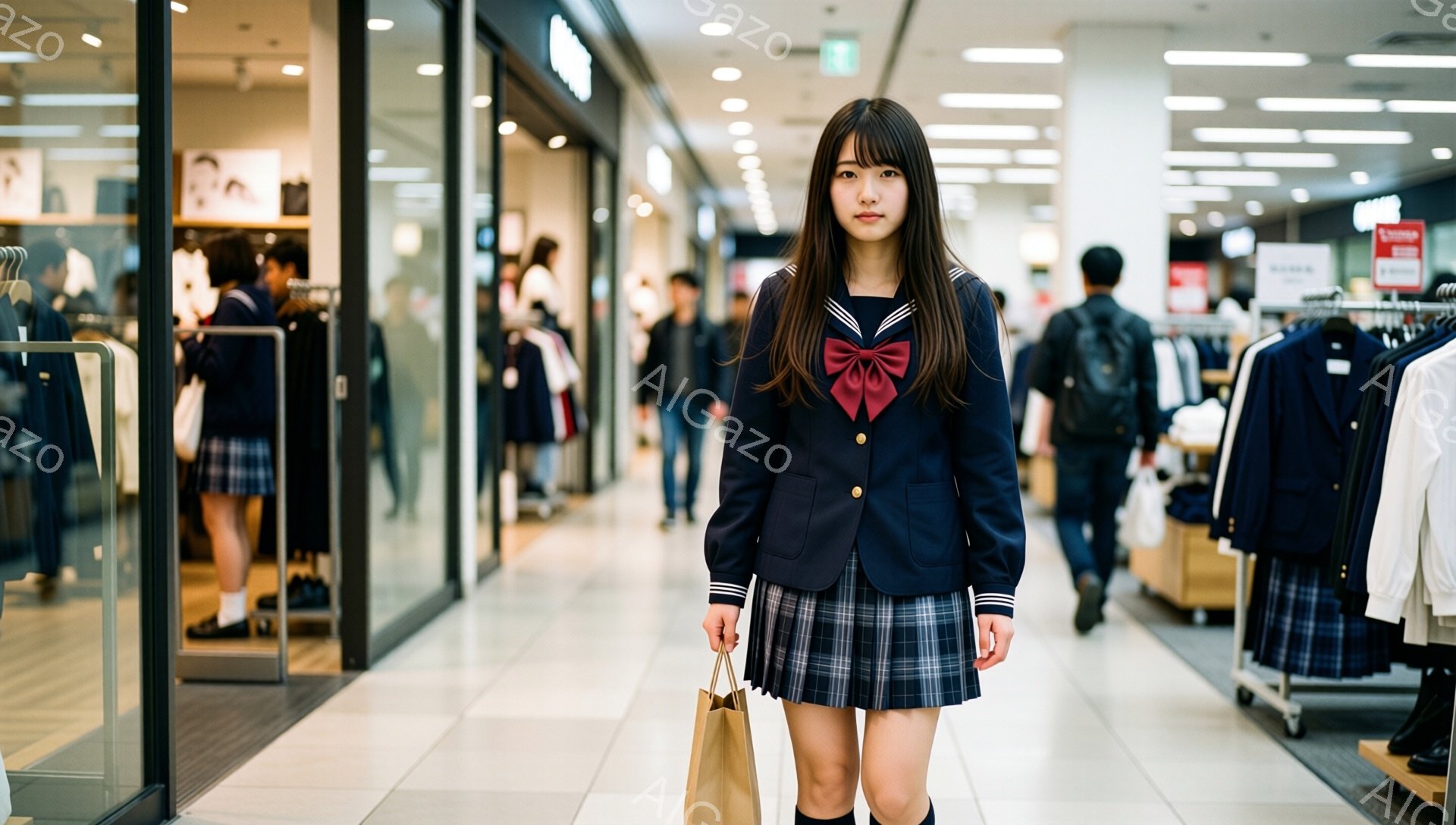 画像は、紺色のブレザーとチェック柄のスカート、白いシャツに赤いリボンを締めた女子高生が、ショッピングモール内を歩いている様子を捉えています。彼女は長い茶色の髪を肩下で伸ばし、やや前を向いた表情で、茶色の紙袋を持っています。背景には、他の買い物客や洋服が並んだ店舗が見え、明るく清潔なショッピングモールの雰囲気が伝わってきます。