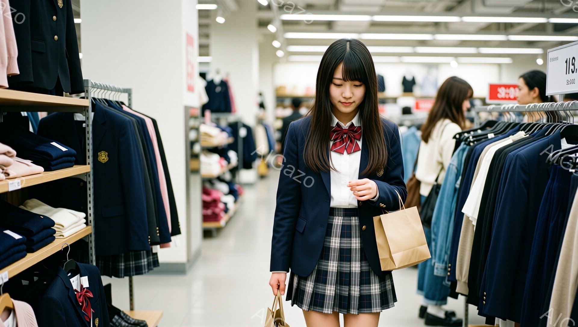 画像は、制服を着た女子学生がショッピングモールのような場所で買い物している様子を捉えています。彼女は紺色のブレザー、チェック柄のスカート、白いシャツと赤いリボンネクタイを着用し、茶色の紙袋を持っています。背景には様々な衣類が並んだ棚が見え、明るく清潔な雰囲気が漂っています。