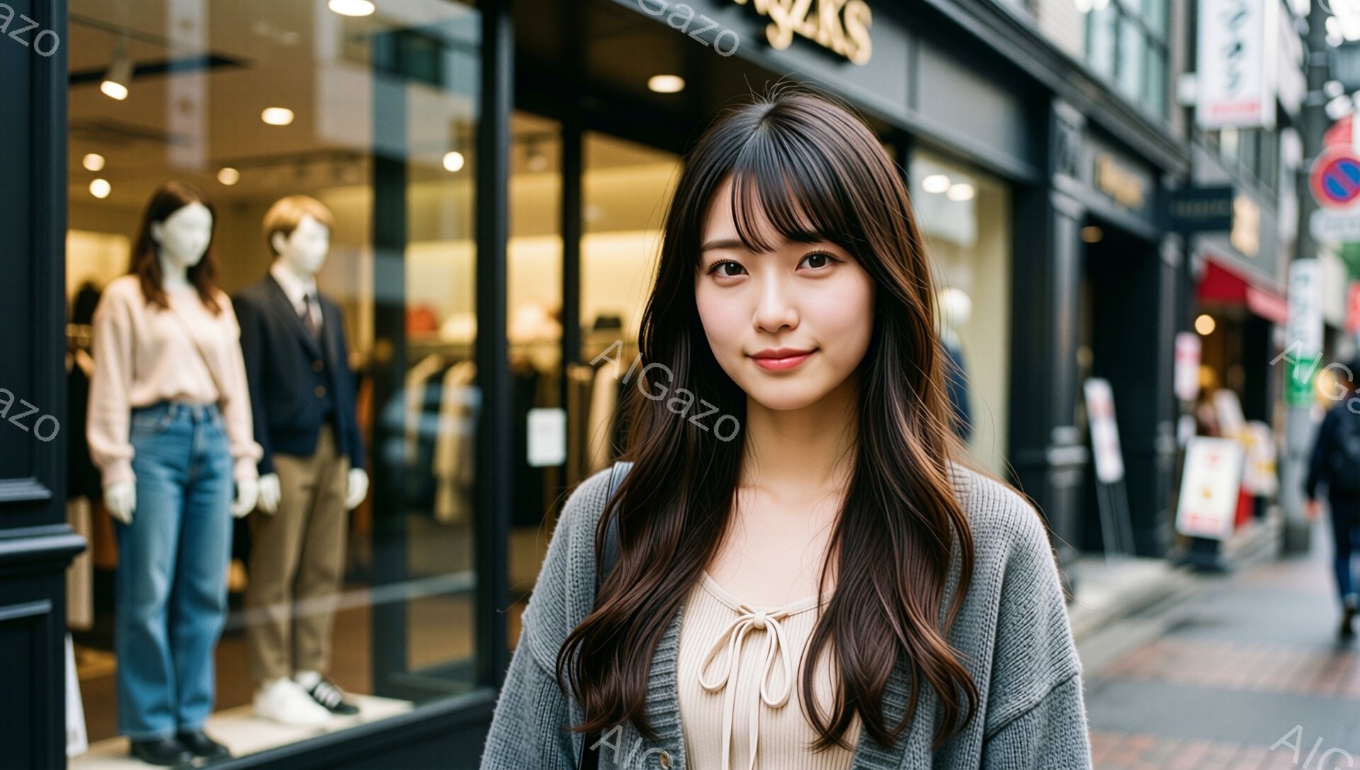 画像には、茶色の長い髪で前髪のある若い女性が写っています。彼女はベージュ色のトップスにグレーのカーディガンを羽織っており、穏やかな笑顔を浮かべています。背景にはショーウィンドウがあり、マネキンが展示され、賑やかな街並みが広がっています。