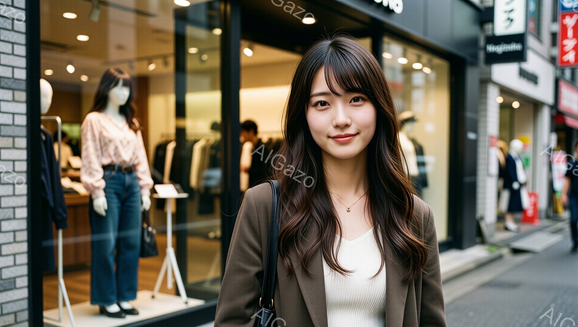 長い茶色の髪を肩にかける女性が、ベージュのジャケットと白いインナーを着て、カメラに向かって微笑んでいます。彼女は肩にバッグをかけ、リラックスした姿勢で立っています。背景には、ショーウィンドウにマネキンが展示されたお店や歩道、そして少し雨が降ったのか濡れた路面が見えます。
