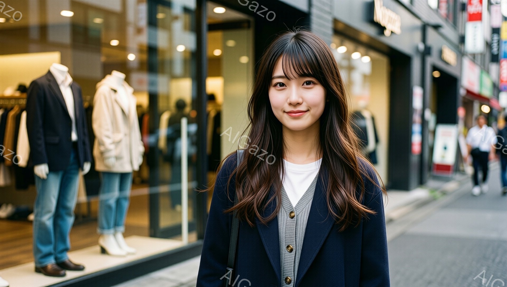 長い茶色の髪を肩にかけた若い女性が、紺色のカーディガンと白いTシャツを着て、カメラに向かって微笑んでいます。彼女は街の歩道に立っており、背景にはマネキンが並んだショーウィンドウと人通りの多い通りが見えます。 全体的に、明るくカジュアルな雰囲気の都市の風景写真です。