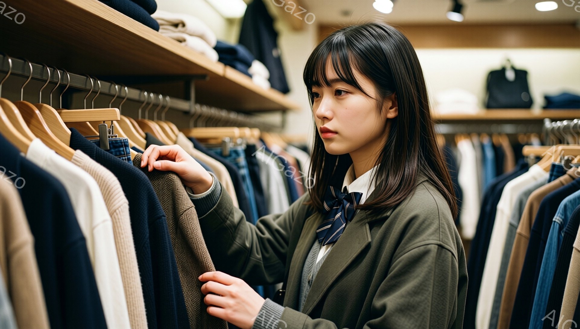 若い女性が衣料品店の棚の前で服を選んでいます。彼女は緑色のジャケットとネクタイ付きの白いシャツを着ており、前髪を少し長めに残したダークヘアスタイルです。集中した表情で服を見つめ、選ぶことに真剣に取り組んでいる様子が伺えます。