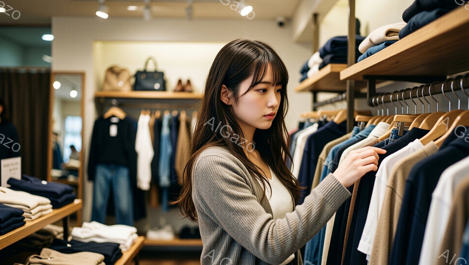 長い茶色の髪を持つ若い女性が、衣料品店で服を選んでいます。彼女はグレーのセーターを着ており、真剣な表情でハンガーに掛けられた紺色のシャツを見つめています。背景には、様々な色の服が並んだ棚と、革製のハンドバッグが置かれたスペースが見え、店内は明るく清潔な雰囲気です。