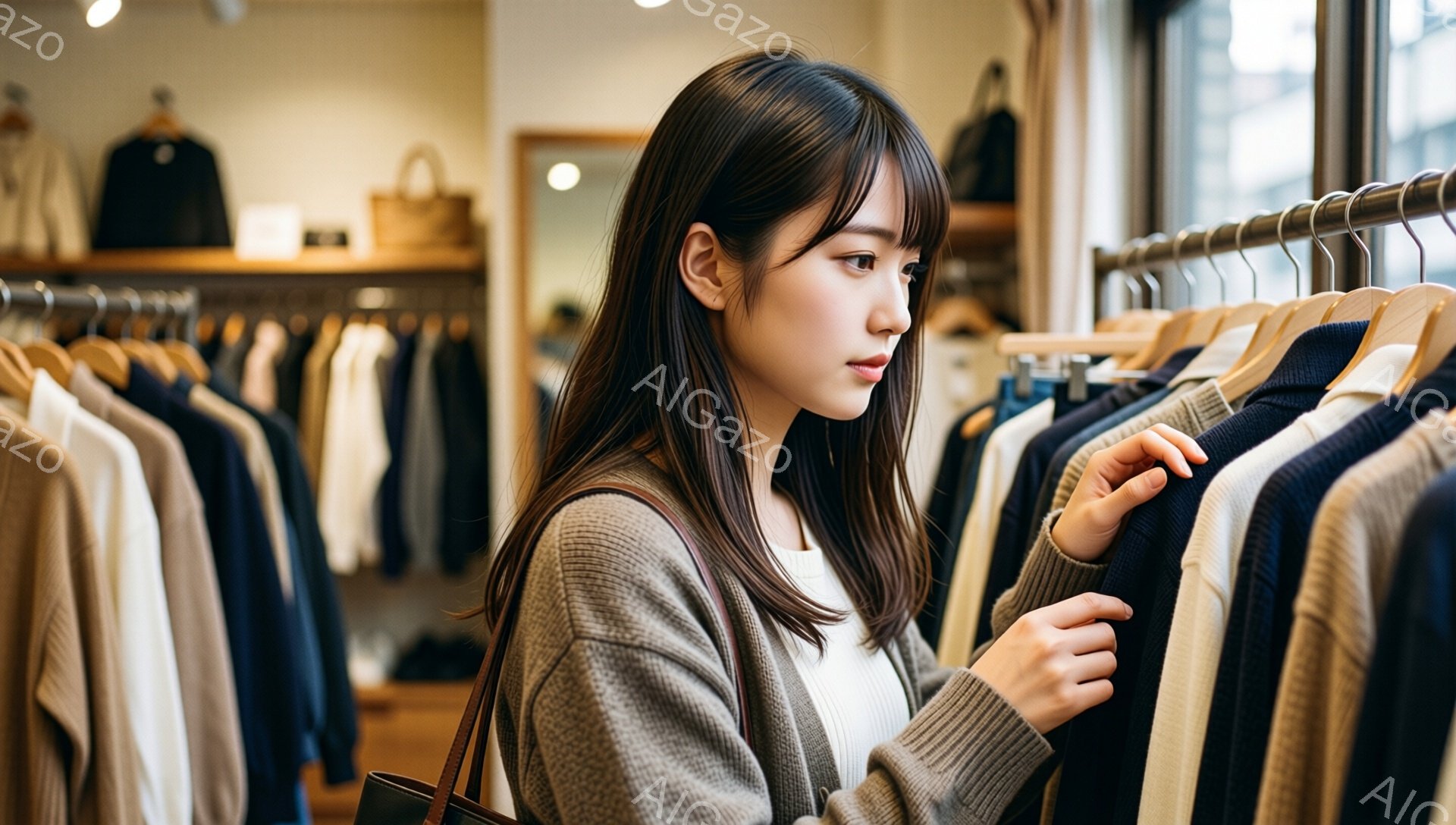 長い茶色の髪をした若い女性が、洋服店で紺色のセーターを手に取って検討している。ベージュのカーディガンと白いインナーを着ており、肩には茶色のバッグが掛かっている。背景には様々な色のセーターが並び、店内の穏やかな雰囲気が感じられる。