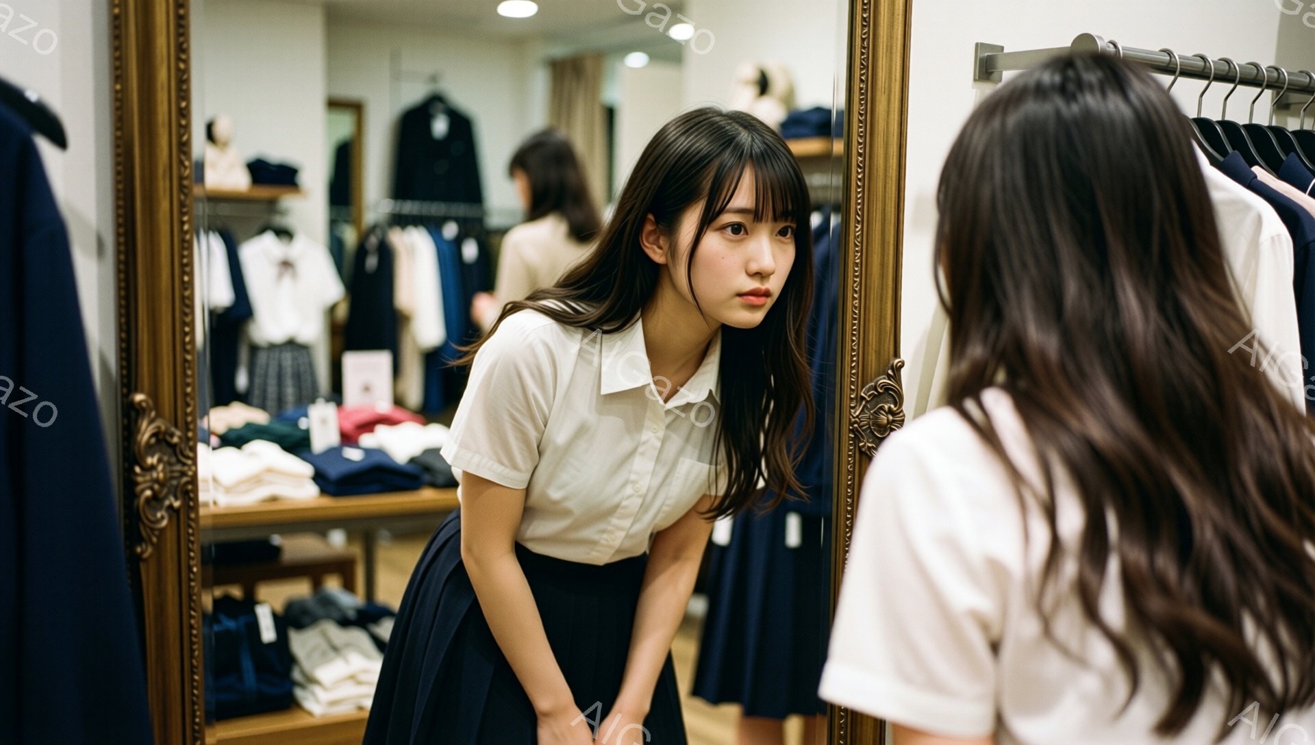 若い女性が鏡の前で白いブラウスと濃い色のスカートを身に着けています。彼女は少し内側を向き、右手をスカートの裾に当て、姿勢を正しているようです。背景には洋服が並んだ店内の様子が映っており、全体的に落ち着いた雰囲気です。