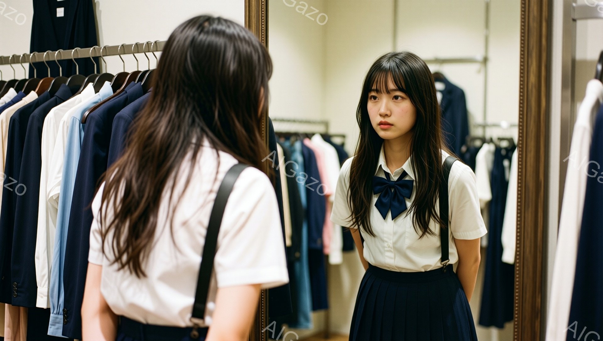 長い黒髪で前髪のある若い女性が、制服を着て鏡の前で立っている。白いシャツにネイビーの大きなリボン、プリーツスカートを着用し、肩にはバッグをかけている。背景には、様々な色のシャツが並んだ衣料品ラックがあり、お店の試着室の様子が伺える。